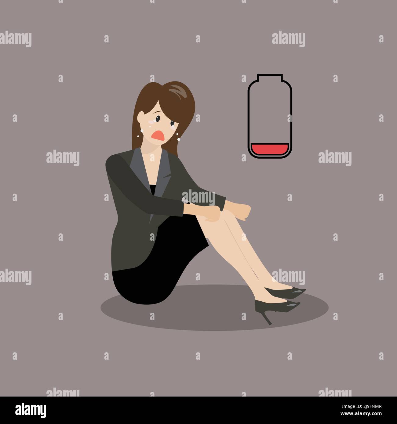 Esaurimento della batteria donna business. Burn out concetto Illustrazione Vettoriale