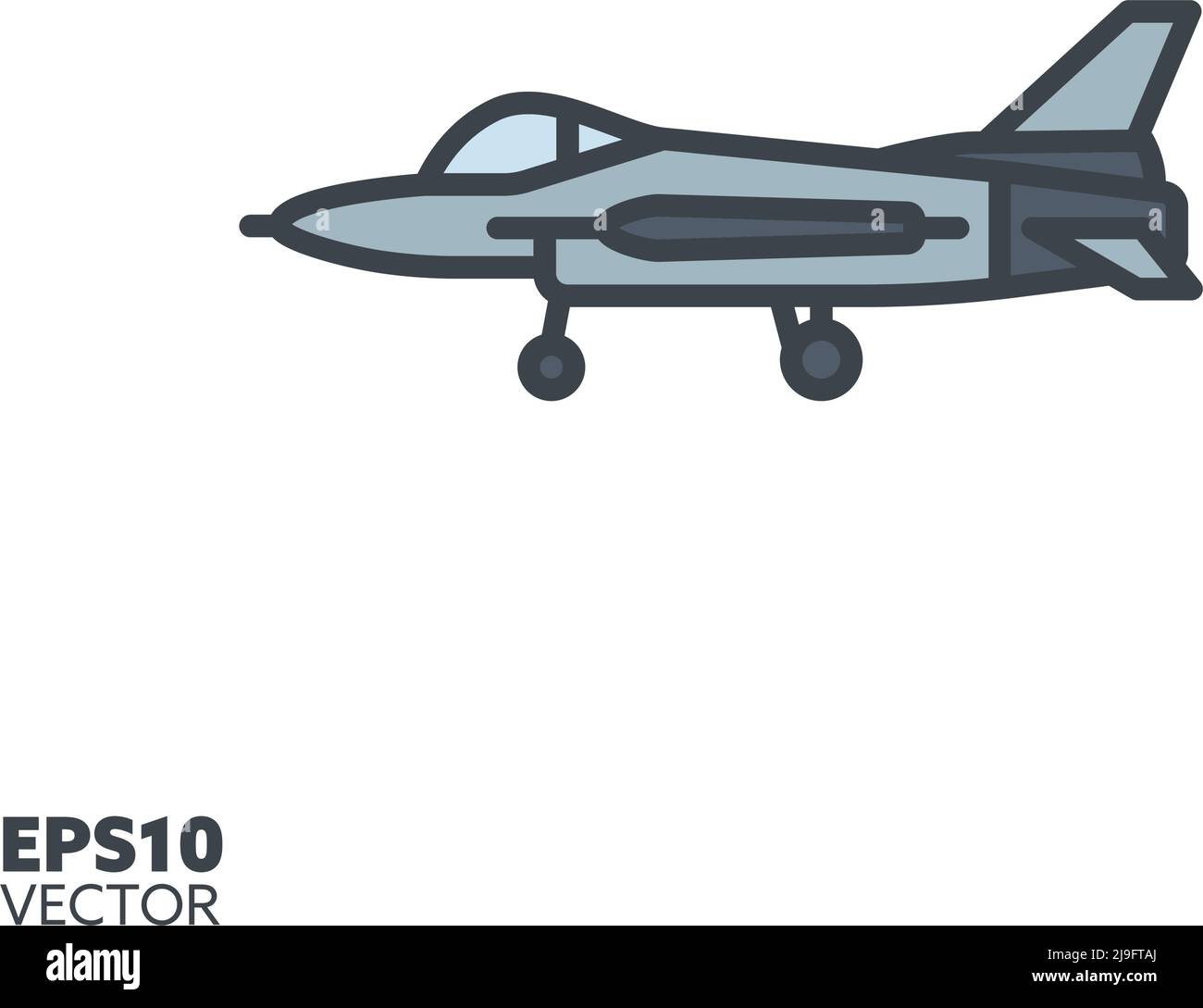 Icona linea riempita vettore militare jet. Simbolo colore velivolo da caccia. Illustrazione Vettoriale