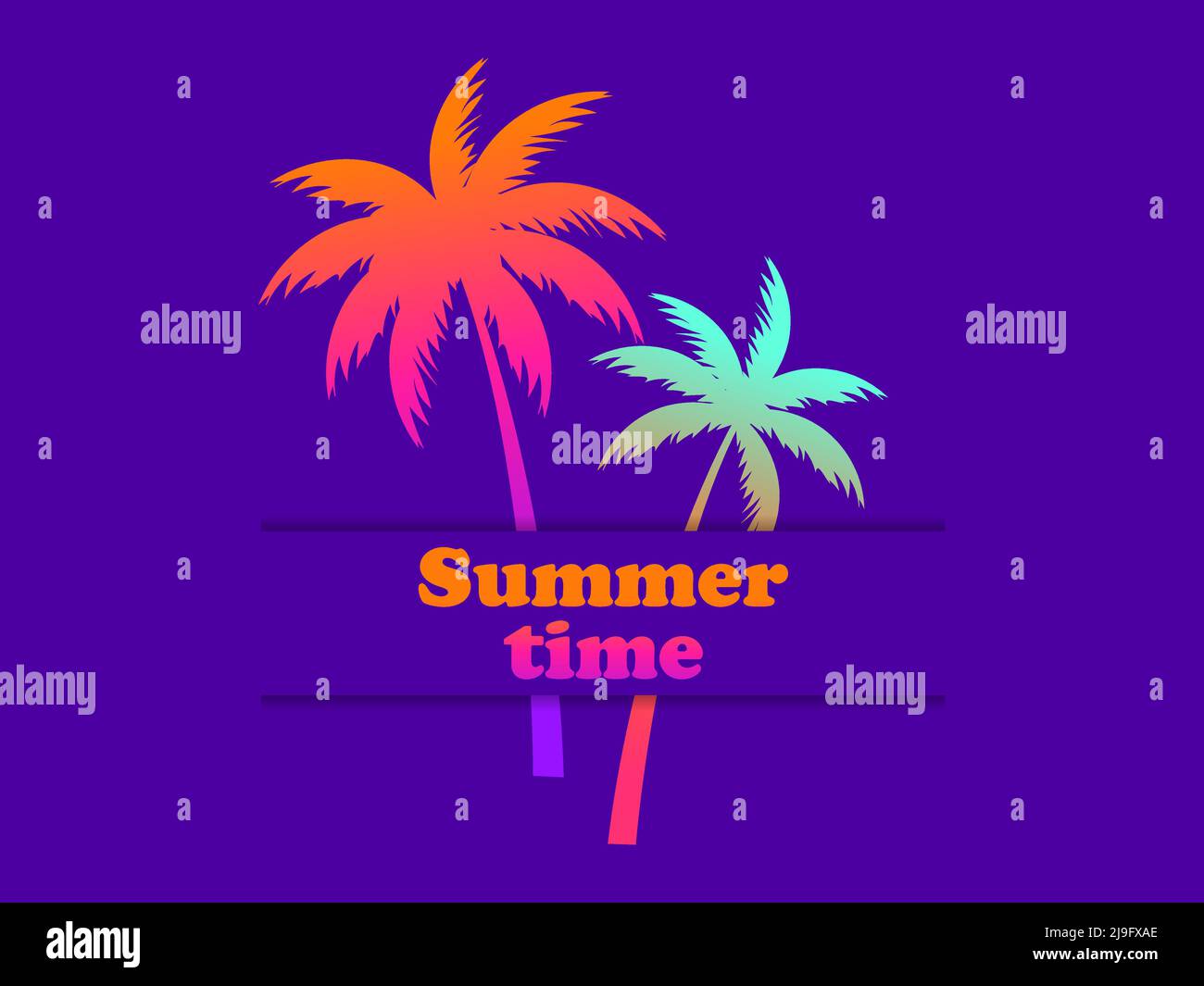 Ora legale. Silhouette di palme sfumate. Due palme in stile 80s su sfondo viola. Progettazione di brochure pubblicitarie, banner e viaggi Illustrazione Vettoriale