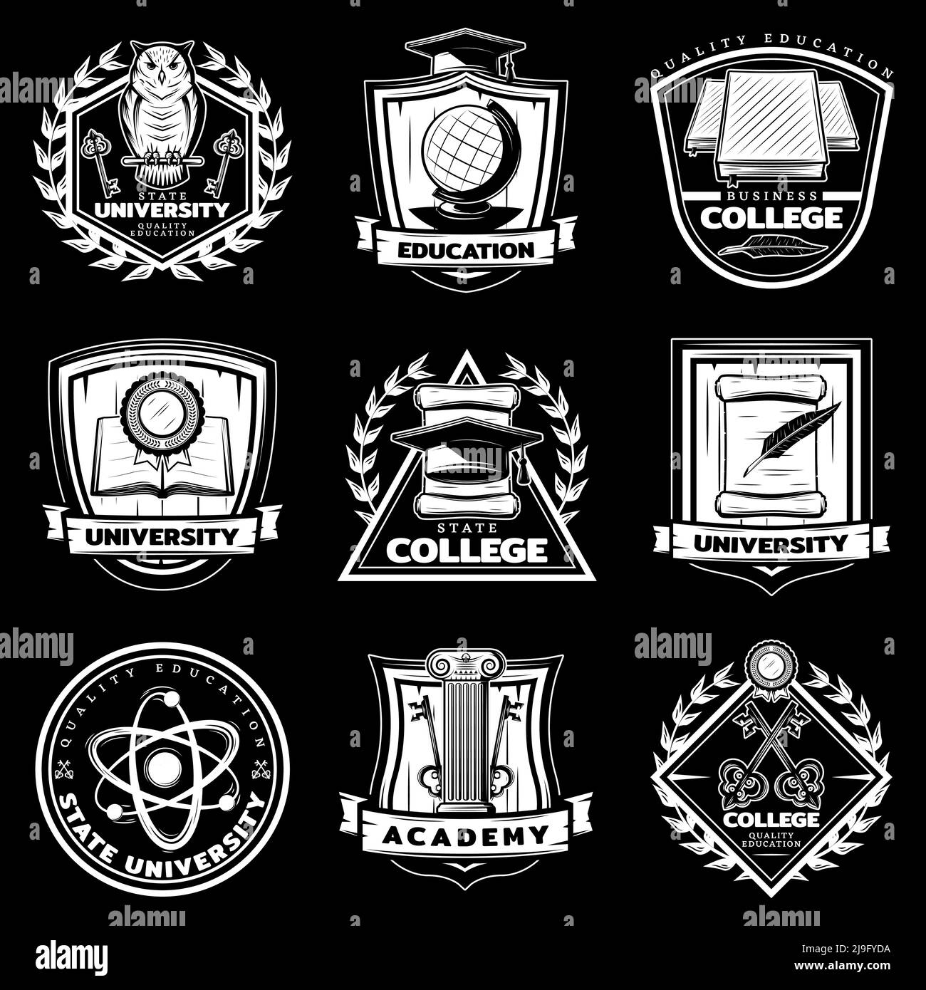Etichette universitarie e universitarie d'epoca con elementi didattici immagine vettoriale isolata su sfondo nero Illustrazione Vettoriale Etichette universitarie e universitarie d'epoca con elementi didattici immagine vettoriale isolata su sfondo nero Illustrazione Vettoriale