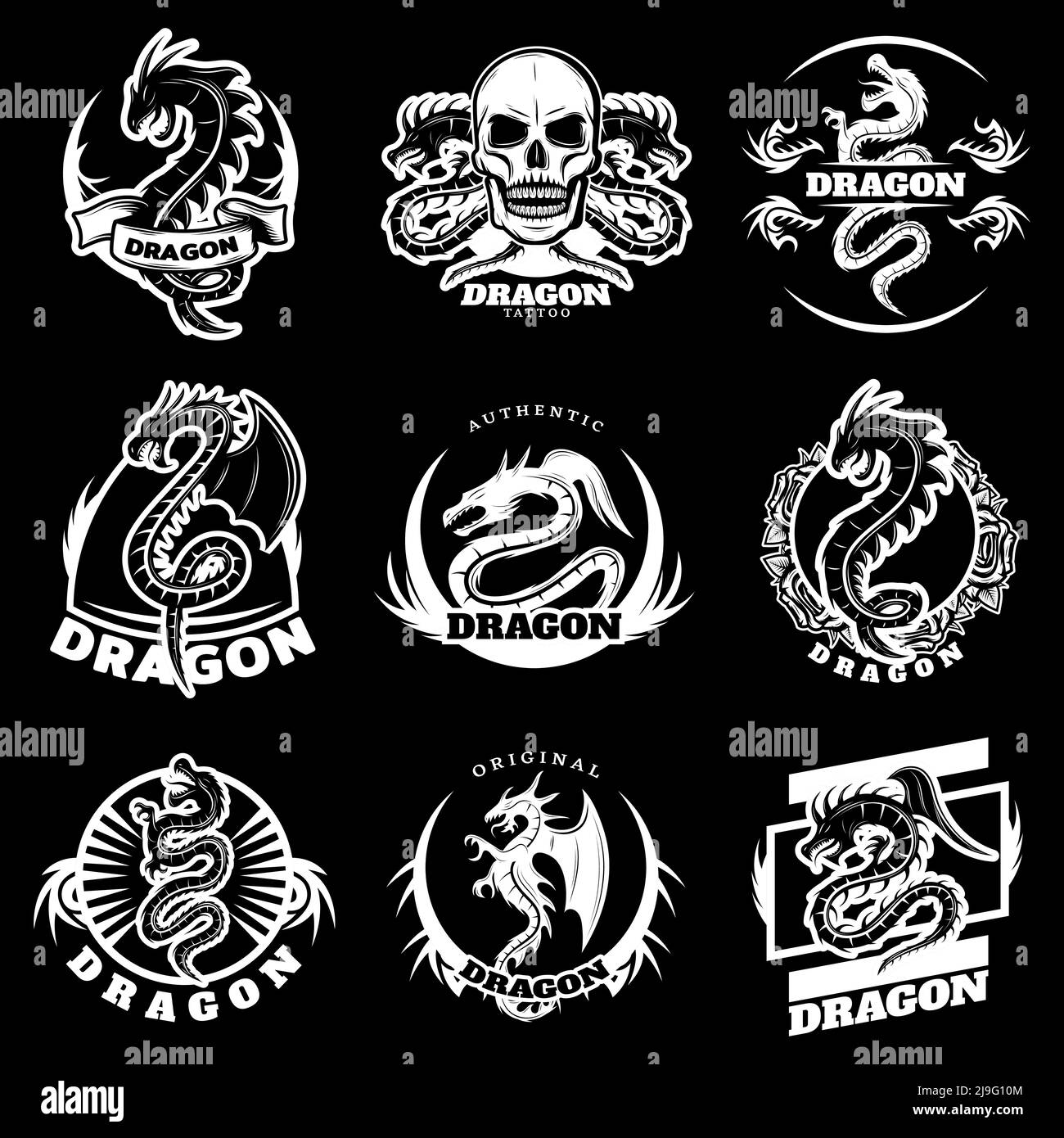 Etichette per tatuaggi di drago bianche d'epoca con caratteri fantasy rettili fiori del cranio su sfondo nero isolato illustrazione vettoriale Illustrazione Vettoriale