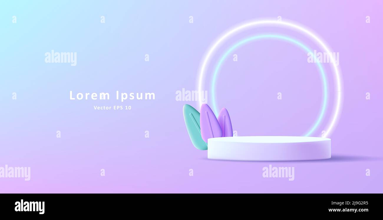 3d rappresentazione del piedistallo del cilindro con foglie di plastica e luci circolari al neon Illustrazione Vettoriale