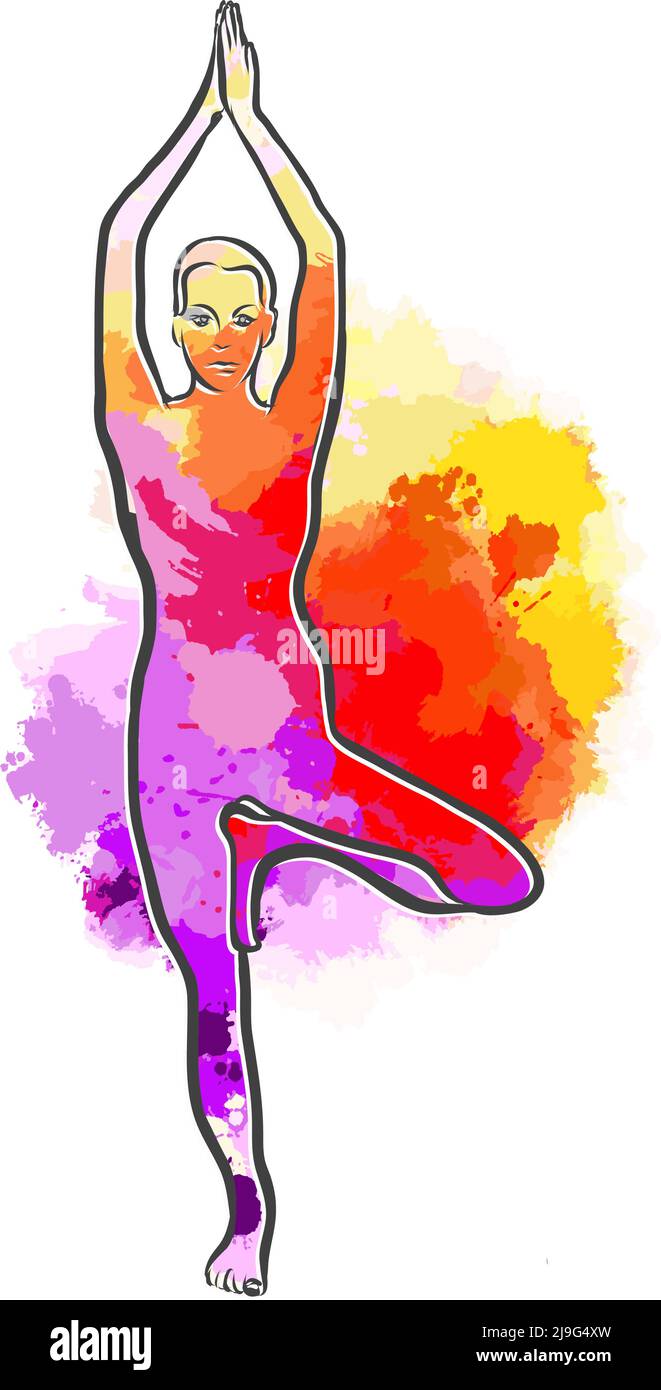 Variopinto Vrikshasana Tree Yoga posa. Disegno a mano vettoriale art. Disposizione centrata per scopi di stampa e web. Illustrazione Vettoriale