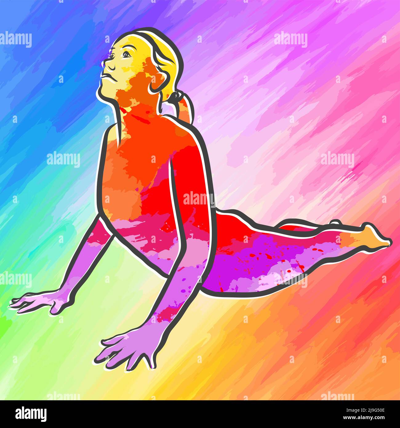 Bhujangasana Cobra yoga posa colorata. Disegno a mano vettoriale art. Disposizione centrata per scopi di stampa e web. Illustrazione Vettoriale