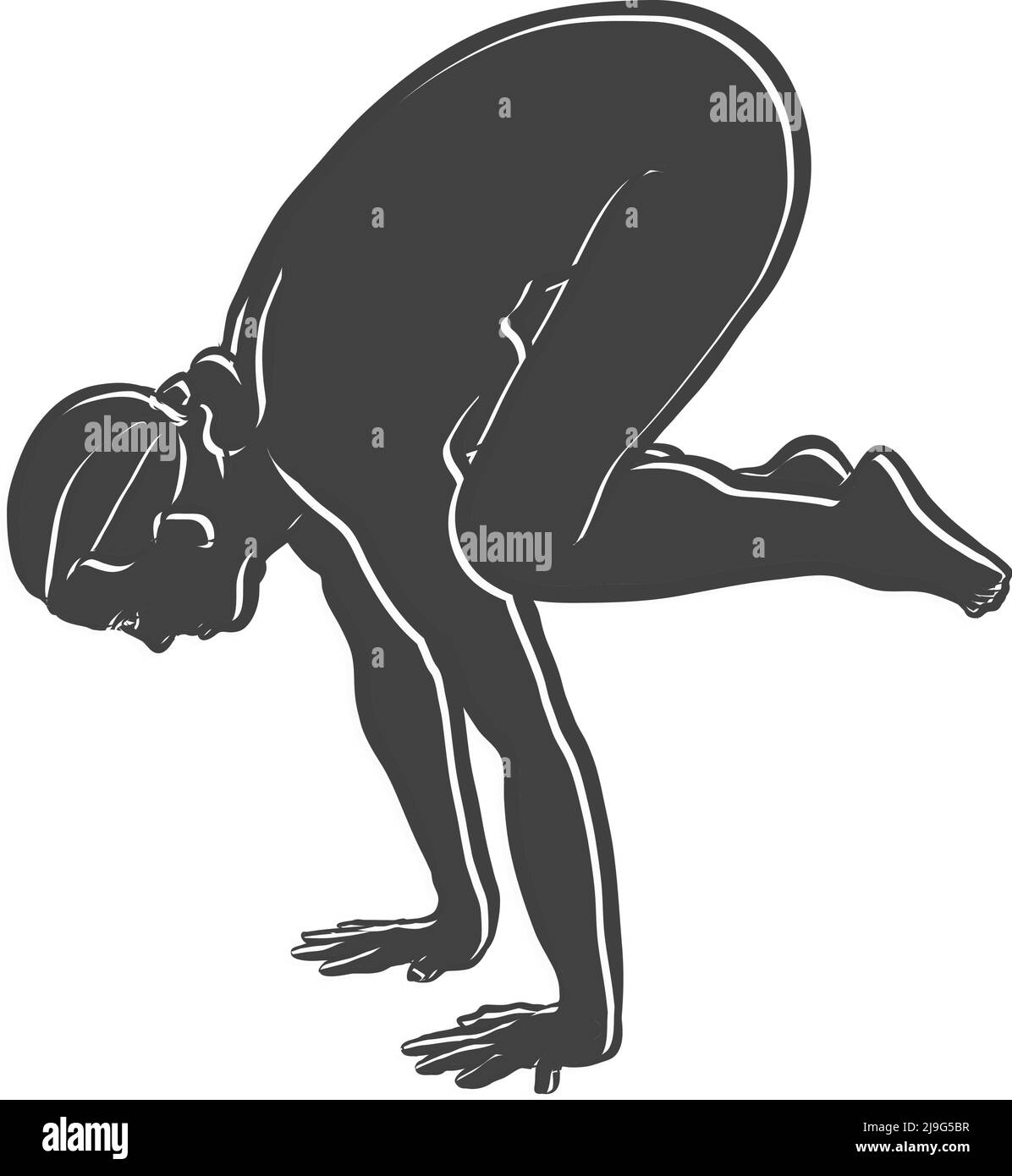 Backasana Yoga nero posa contorno icona. Illustrazione vettoriale fatta a mano. Linee bianche isolate sulla forma nera. Illustrazione Vettoriale