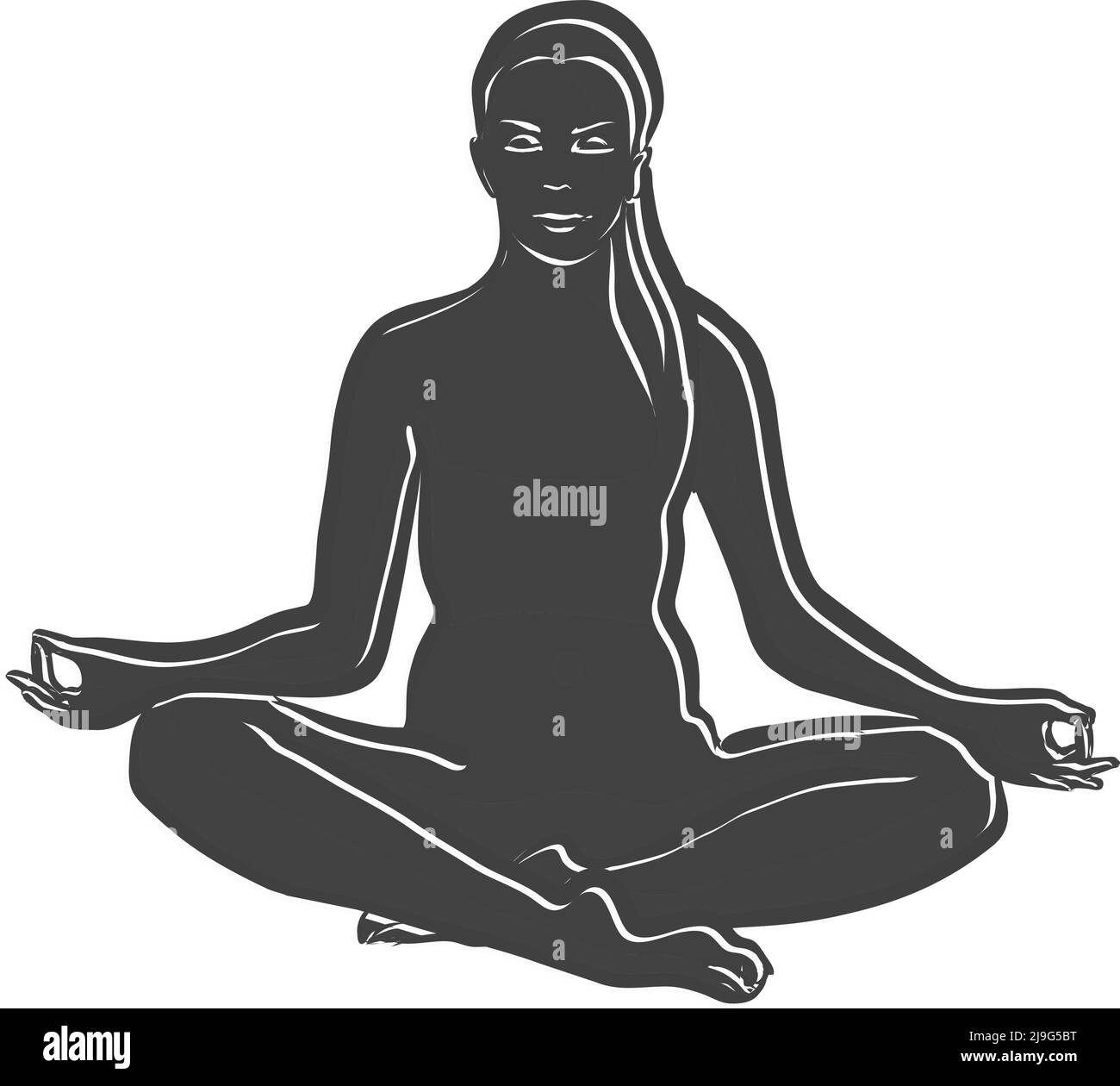 Siddhasana nero perfetto Yoga posa contorno icona. Illustrazione vettoriale fatta a mano. Linee bianche isolate sulla forma nera. Illustrazione Vettoriale