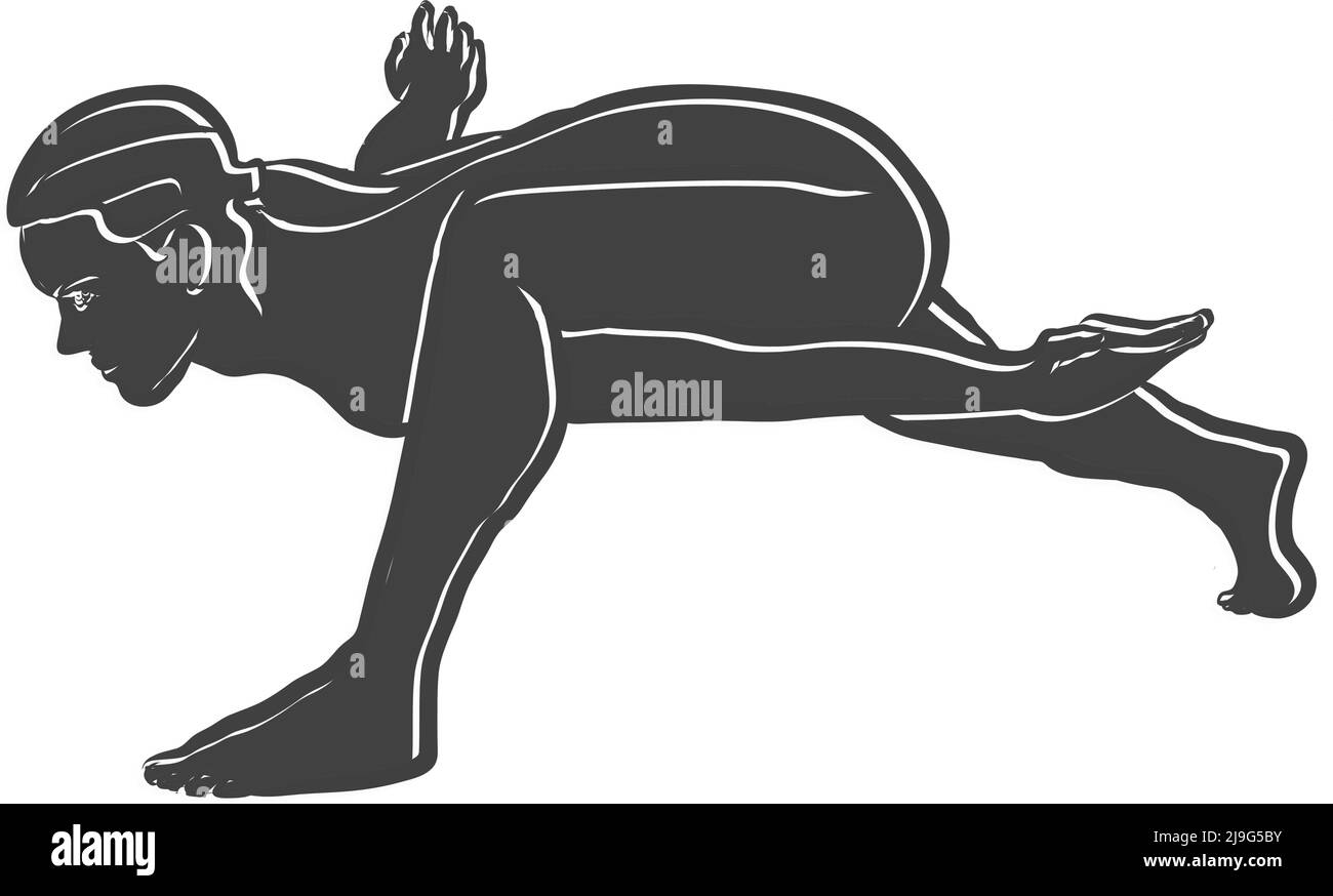 Icona contorno della posa di Utthan Pristhasana Yoga nera. Illustrazione vettoriale fatta a mano. Linee bianche isolate sulla forma nera. Illustrazione Vettoriale