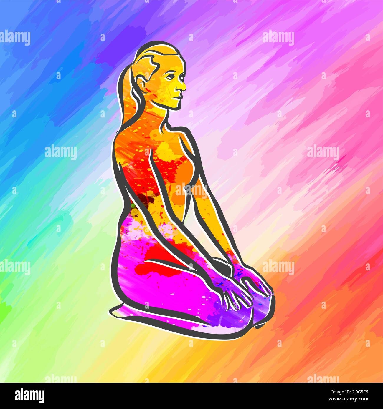 Colorato Vajrasana Thunderbolt Yoga posa. Disegno a mano vettoriale art. Disposizione centrata per scopi di stampa e web. Illustrazione Vettoriale