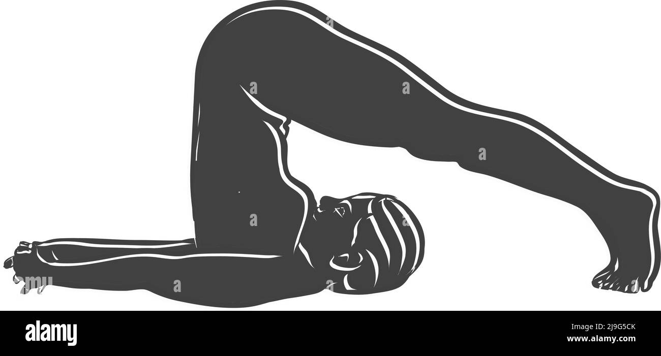 Icona a forma di profilo della posa di Halasana Yoga nera. Illustrazione vettoriale fatta a mano. Linee bianche isolate sulla forma nera. Illustrazione Vettoriale