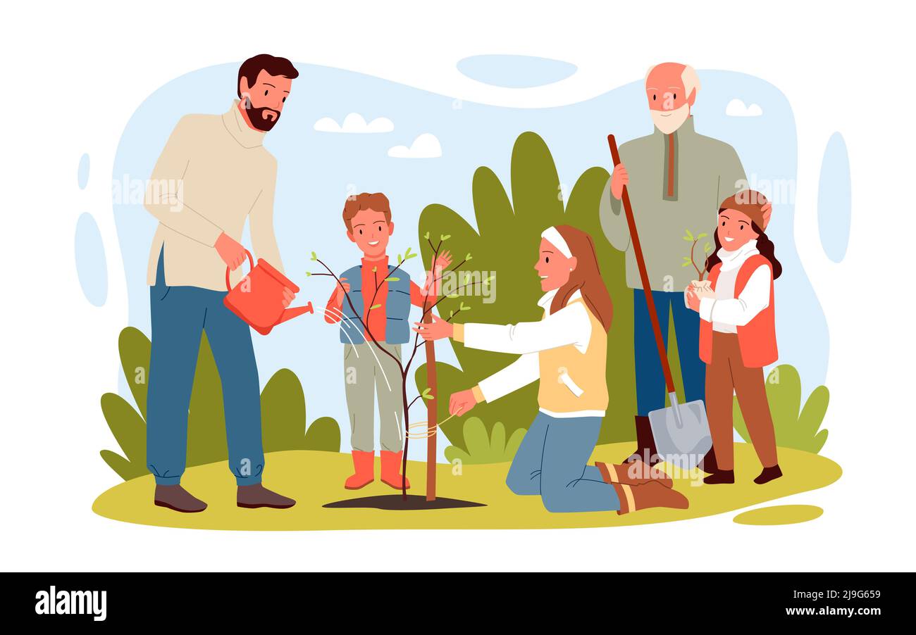 Famiglia persone che piantano albero in giardino o parco della città, i bambini aiutano gli adulti a coltivare le piante Illustrazione Vettoriale