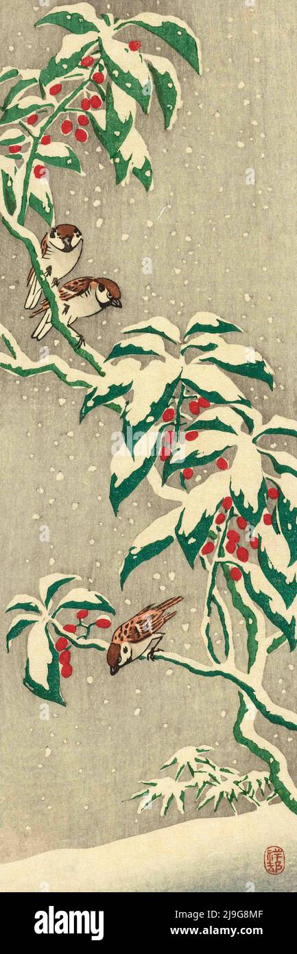 Passeri su un Snowy Berry Bush, dell'artista giapponese Ohara Koson, 1877 - 1945. Ohara Koson faceva parte dello shin-hanga, o del movimento delle nuove stampe. Foto Stock