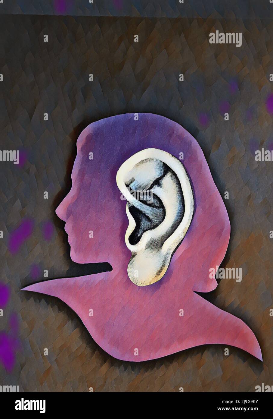 Collage illustrazione di una donna con un orecchio insolitamente grande per illustrare il concetto di un buon ascoltatore. Foto Stock