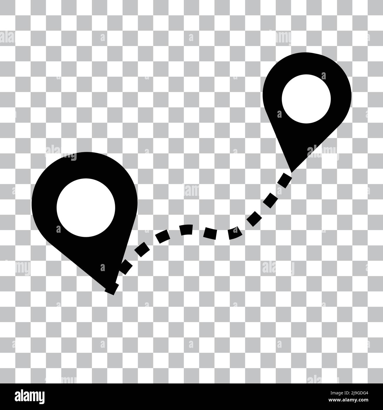 Icona vettoriale di un pin della mappa collegato da una linea tratteggiata. Questa illustrazione è ideale per mostrare le relazioni di posizione. Vettore modificabile. Illustrazione Vettoriale