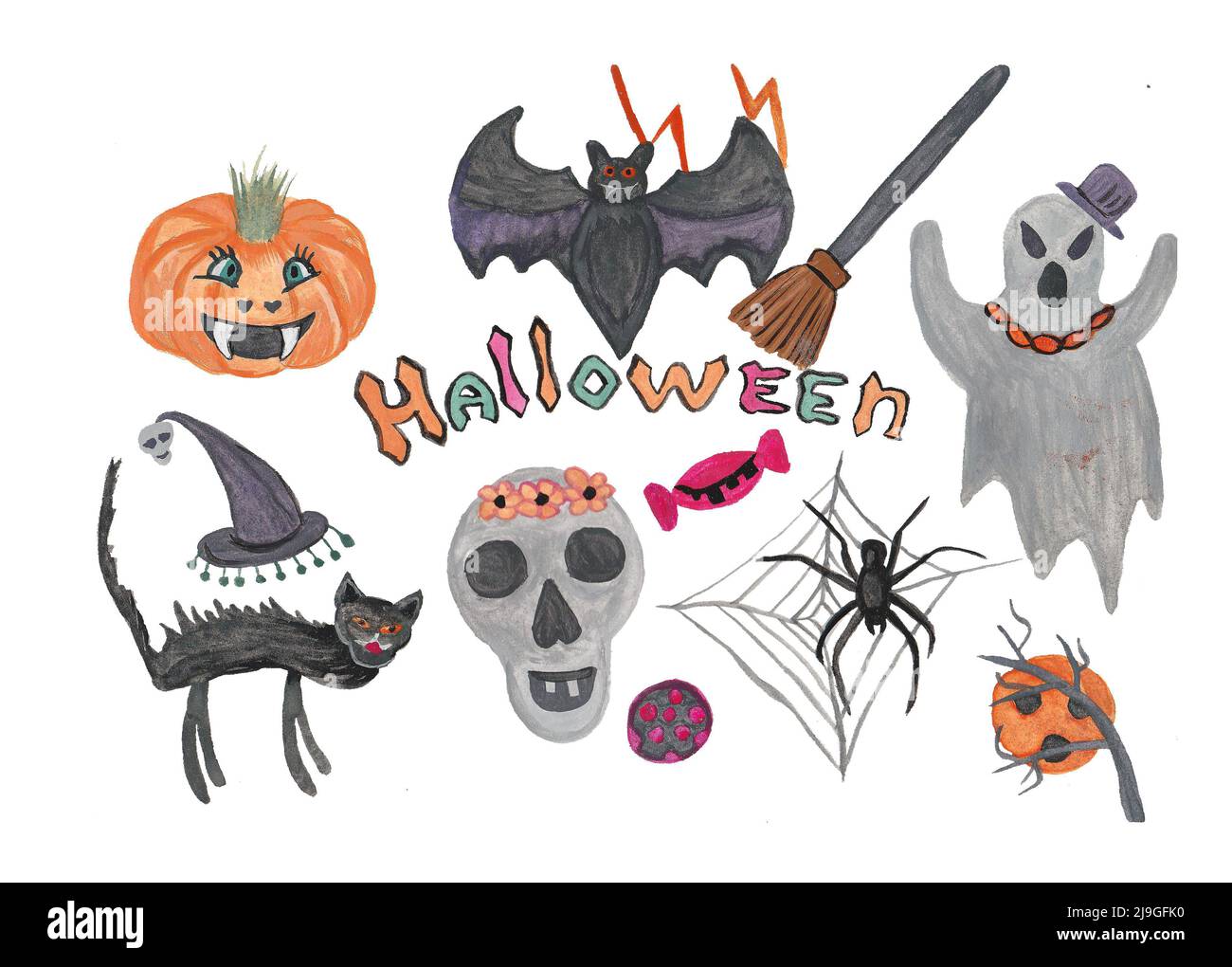Tema di Halloween disegnato a mano, creato con la tecnica dell'acquerello Foto Stock
