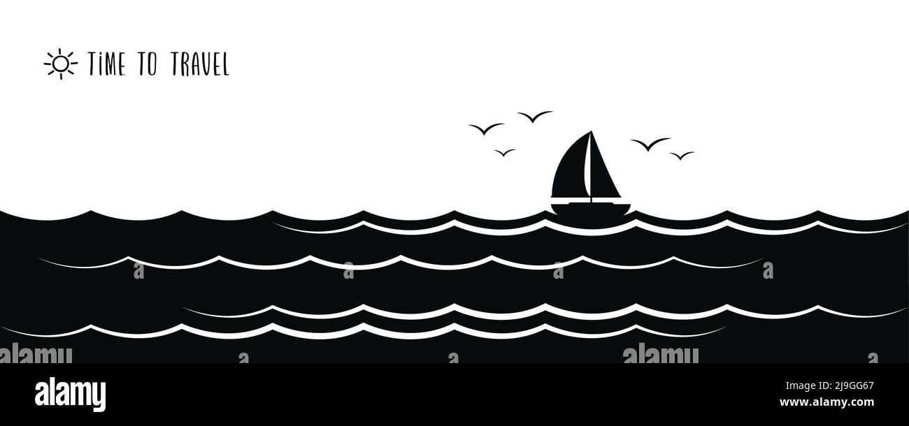 barca a vela marina sul mare silhouette in bianco e nero Illustrazione Vettoriale