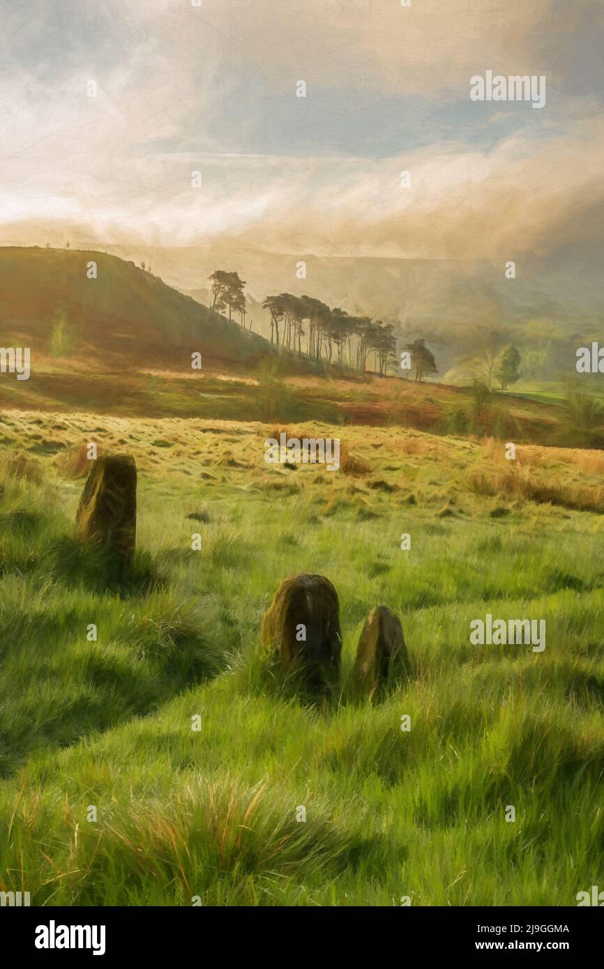 Dipinto digitale a olio di un paesaggio rurale britannico delle brughiera. Hen Cloud all'alba nel Peak District National Park, Regno Unito. Maggio 2022. Foto Stock