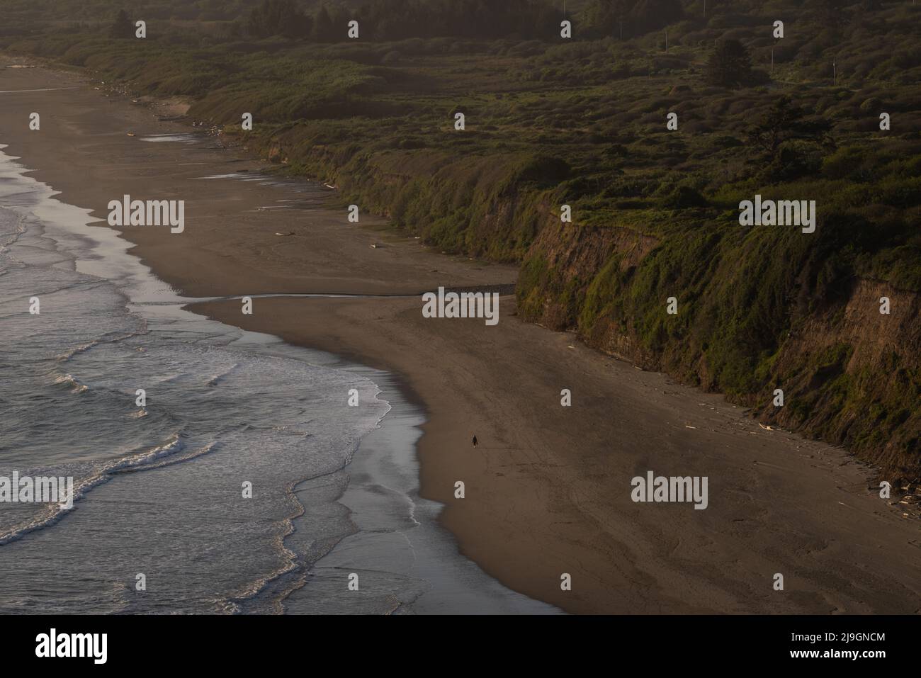 Gente minuscola nel mondo grande con la piccola persona non identificabile che cammina su grande tratto di spiaggia bella Foto Stock