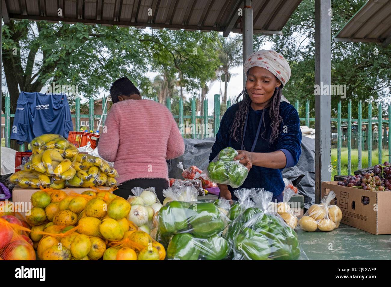 Donna nera che vende frutta e verdura al mercato alimentare nella città Piet Retief / Mkhondo, Gert Sibande, provincia di Mpumalanga, Sudafrica Foto Stock