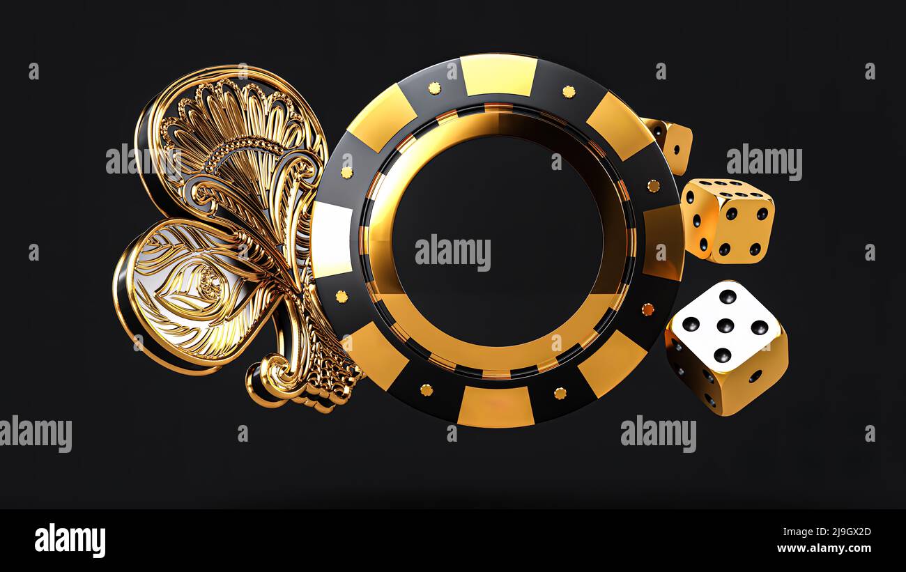 Poker chip, ricamo tradizionale giocare carte simboli, poker chip, dadi e asso. Concetto di gioco del casinò, app mobile per giocare a carte. Foto Stock