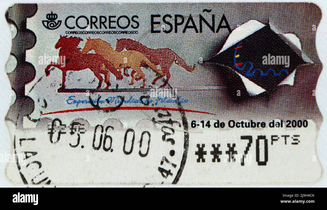 Foto di un francobollo spagnolo per la mostra filatelia mondiale 2000 in Spagna 70 pesetas Foto Stock
