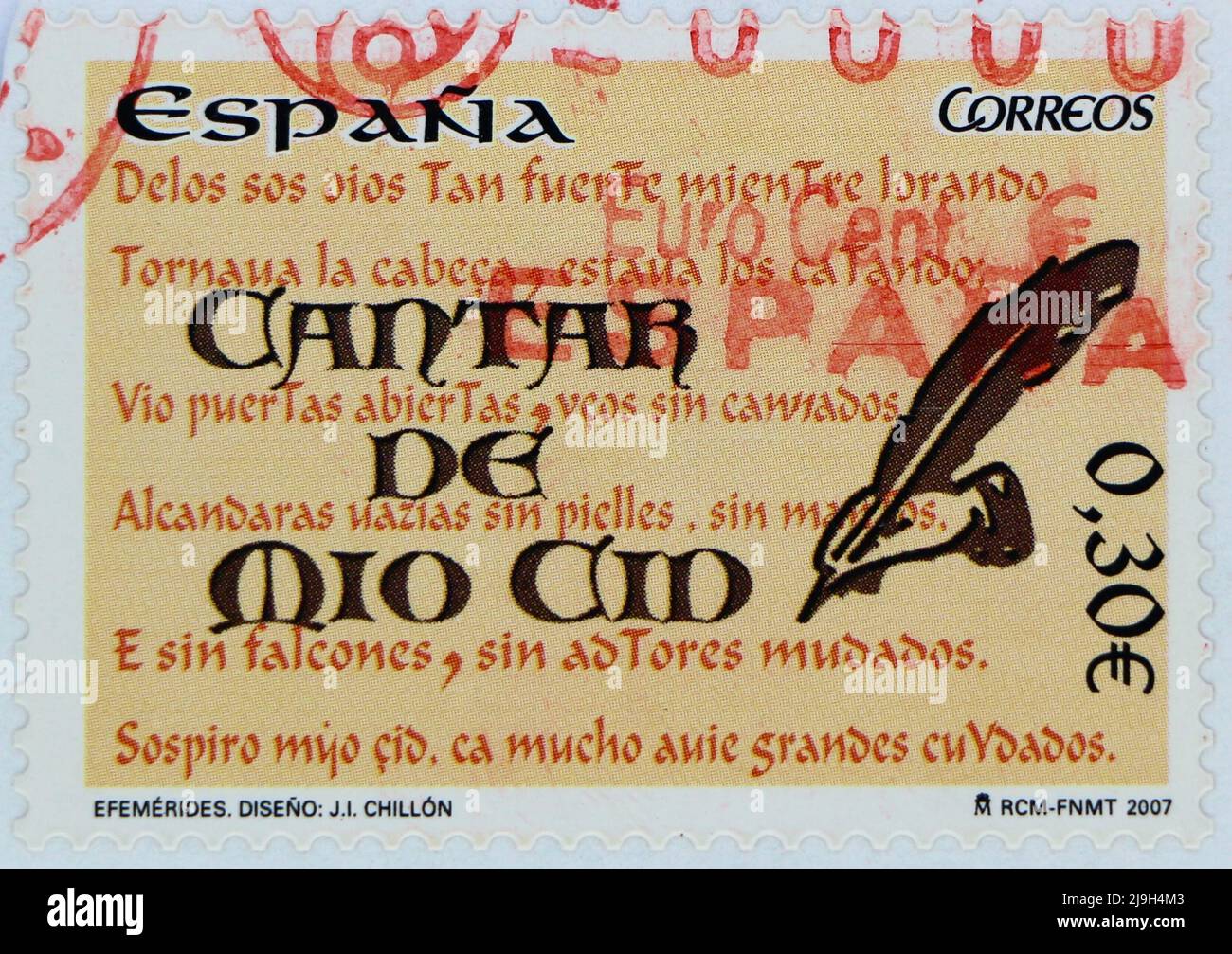 Foto di un francobollo spagnolo con la canzone del mio Cid del 1207 nel 800th anniversario della sua prima trascrizione di per Abbat 2007 Foto Stock