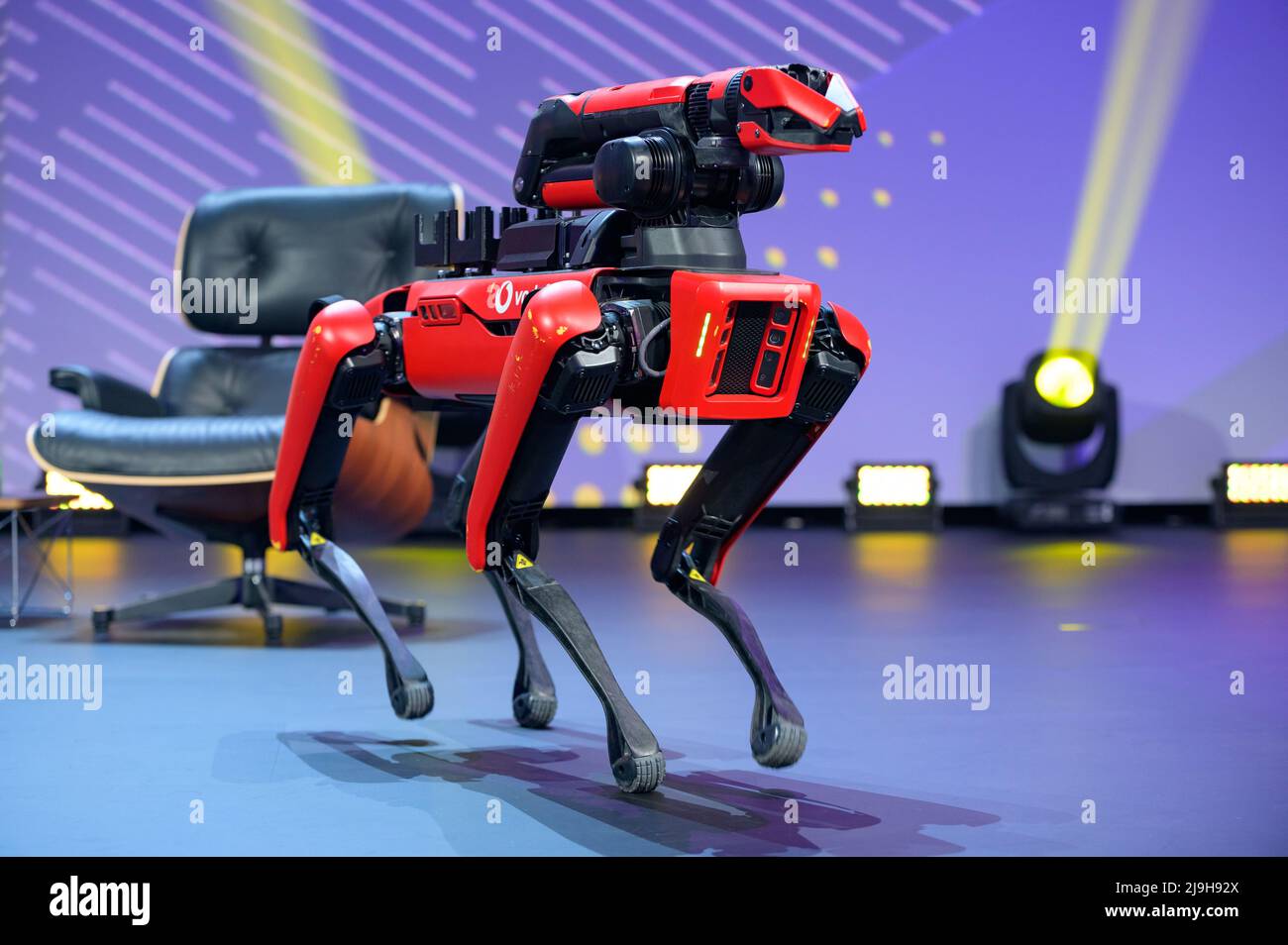 Amburgo, Germania. 18th maggio 2022. Un cane robot di Boston Dynamics con  l'impronta della società Vodafone corre su un palco. Il festival digitale  OMR di Amburgo si concentra su una combinazione di