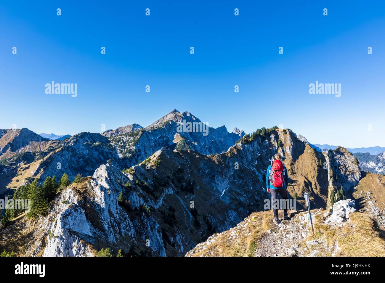 Germania, Baviera, escursionista femminile ammirando la vista dalla cima del monte Hasentalkopf Foto Stock