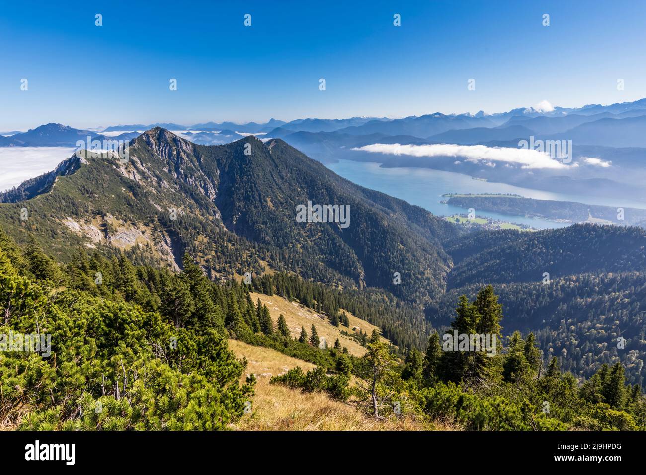 Germania, Baviera, lago di Walchen visto dalla cima della montagna in Prealps bavaresi Foto Stock