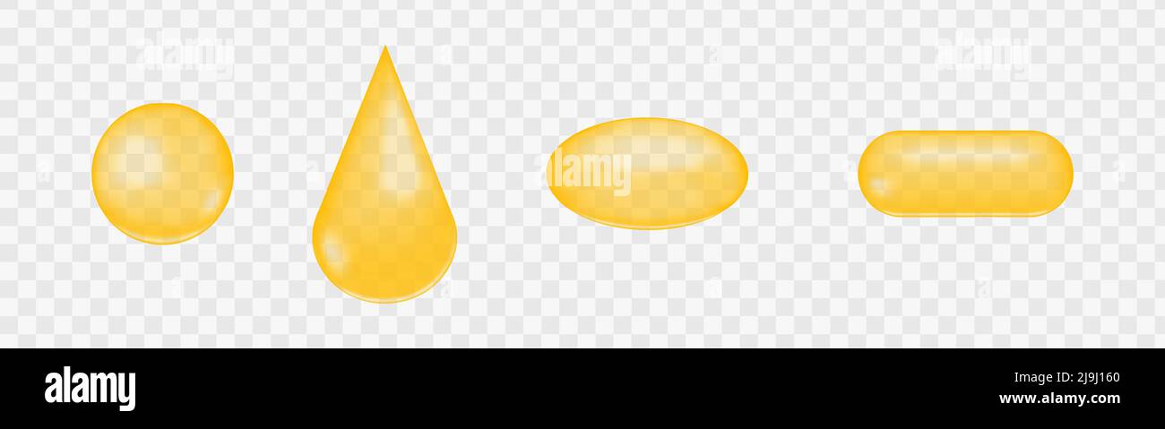 Set di capsule, goccia, bolla lucida dorata. Collagene, cheratina, siero, olio cosmetico jojoba, vitamina A o e, palla di acido grasso omega, goccia e pillola. Illustrazione vettoriale realistica Illustrazione Vettoriale