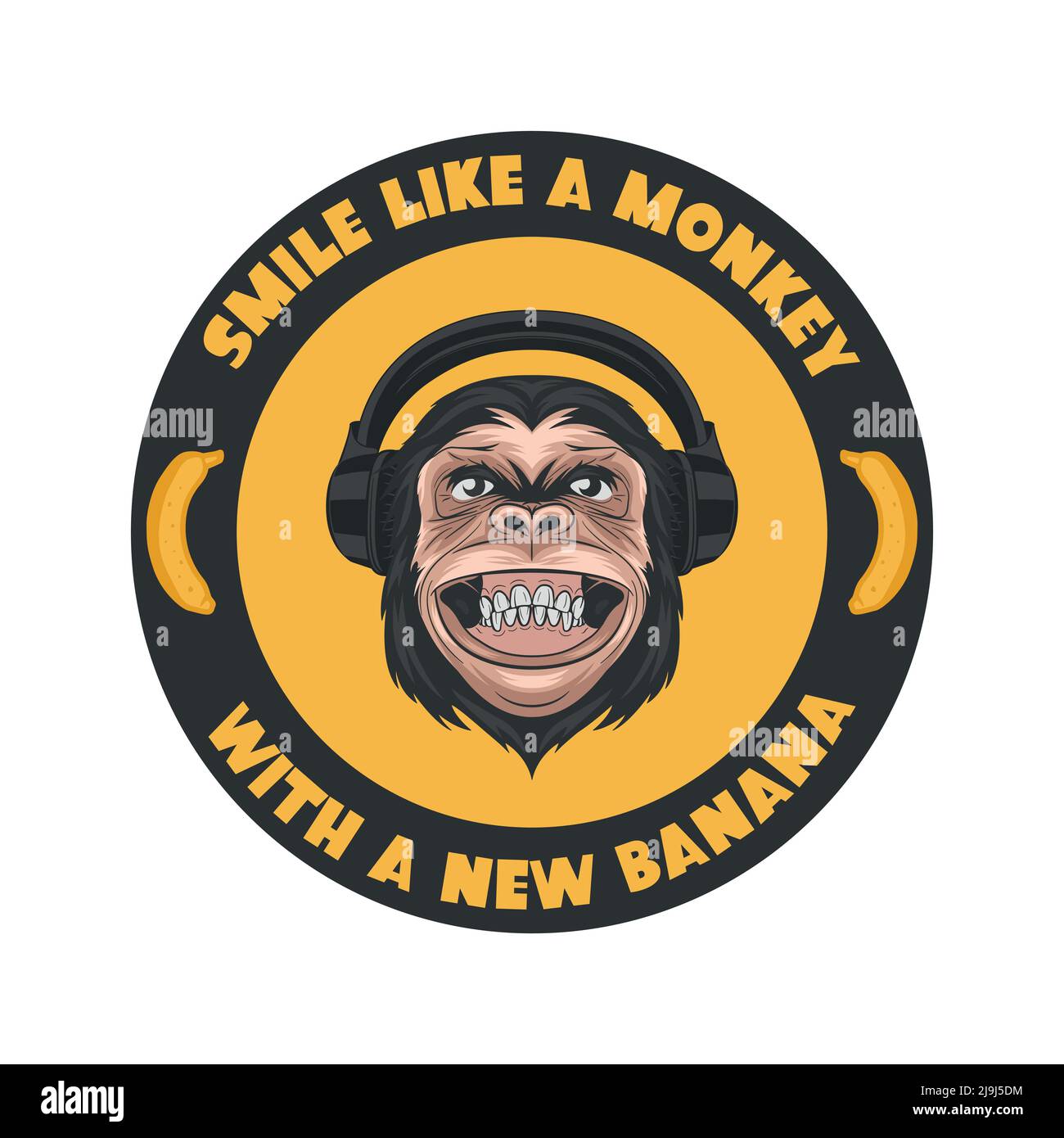 Sorridi come una scimmia con una Nuova Banana. Vettore sorridente DJ Chimpanzee Ape con cuffie, citazione tipografica. Funny Monkey Head per Wall Art, T-shirt Illustrazione Vettoriale