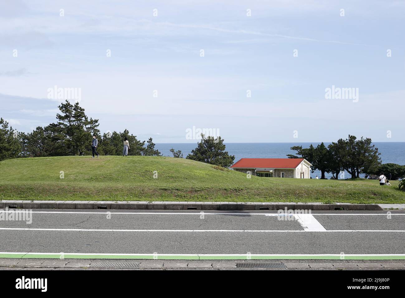 Shionomisaki, Kushimoto, distretto di Higashimuro, Wakayama, Giappone, 2022/01/05 , Alla punta di Shionomisaki si estende un grande prato di circa 100.000 m2, Foto Stock