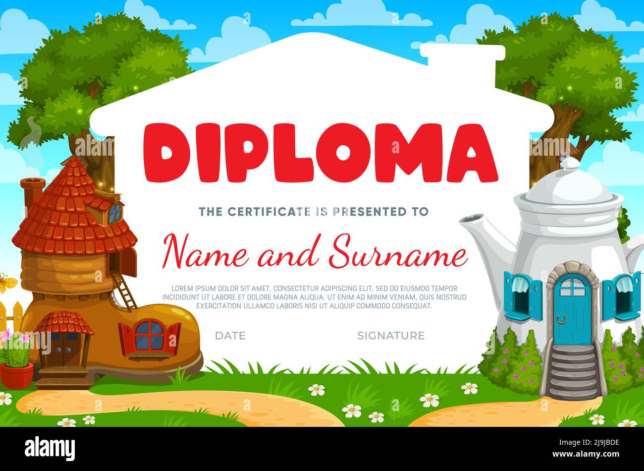 Diploma per bambini. Stivale Cartoon e casa teiera o abitazione. Diploma di istruzione, invito alla celebrazione dei bambini dell'asilo, conseguimento di istruzione o certificato vettoriale di laurea o con case fantasy Illustrazione Vettoriale