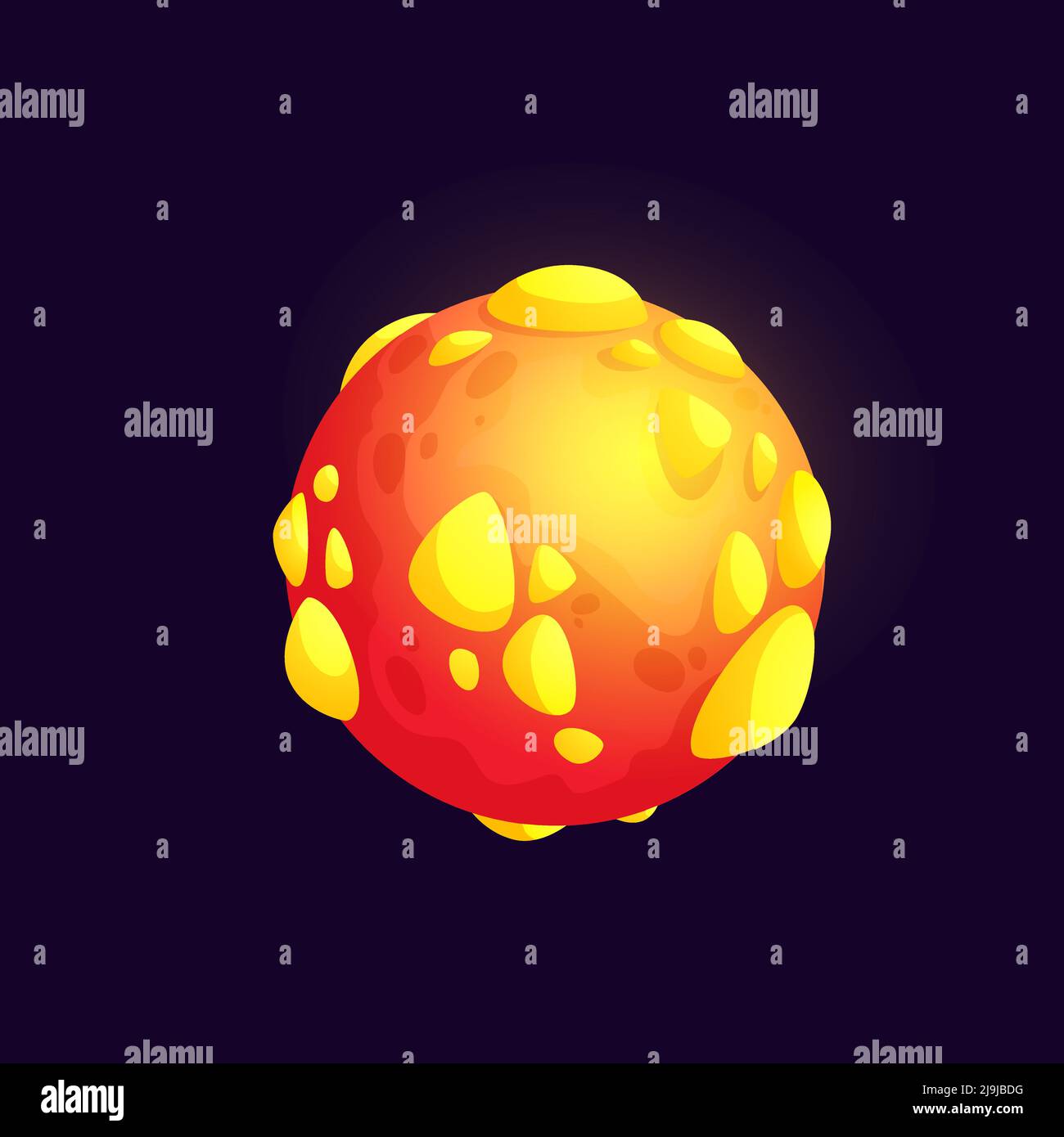 Cartoon pianeta giallo con outgrowths, fantasy galassia vettore icona cartoon. Pianeta galattico con superficie lavica in un universo fantastico con crateri ardenti di meteore e asteroidi del fuoco Illustrazione Vettoriale