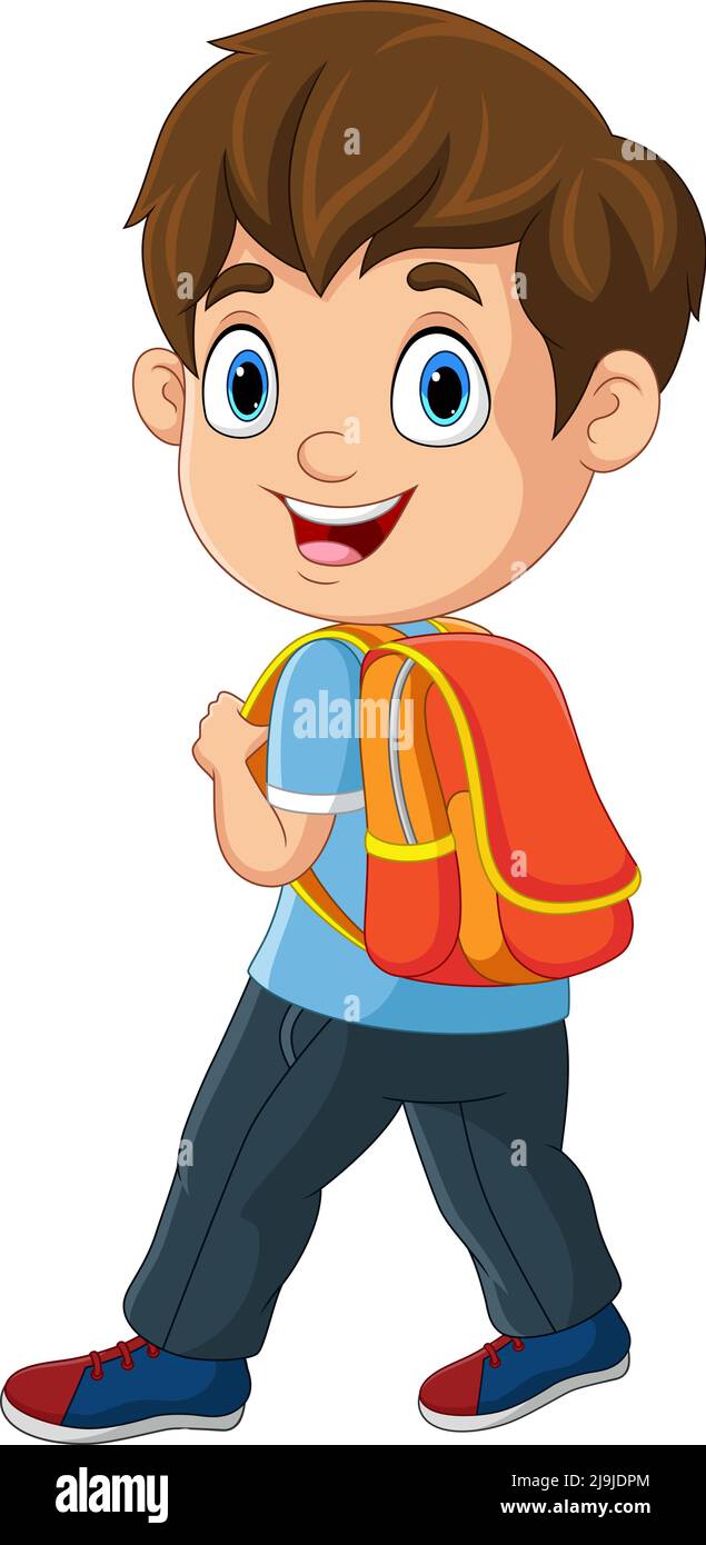 Il ragazzino di cartone animato con zaino va a scuola Illustrazione Vettoriale