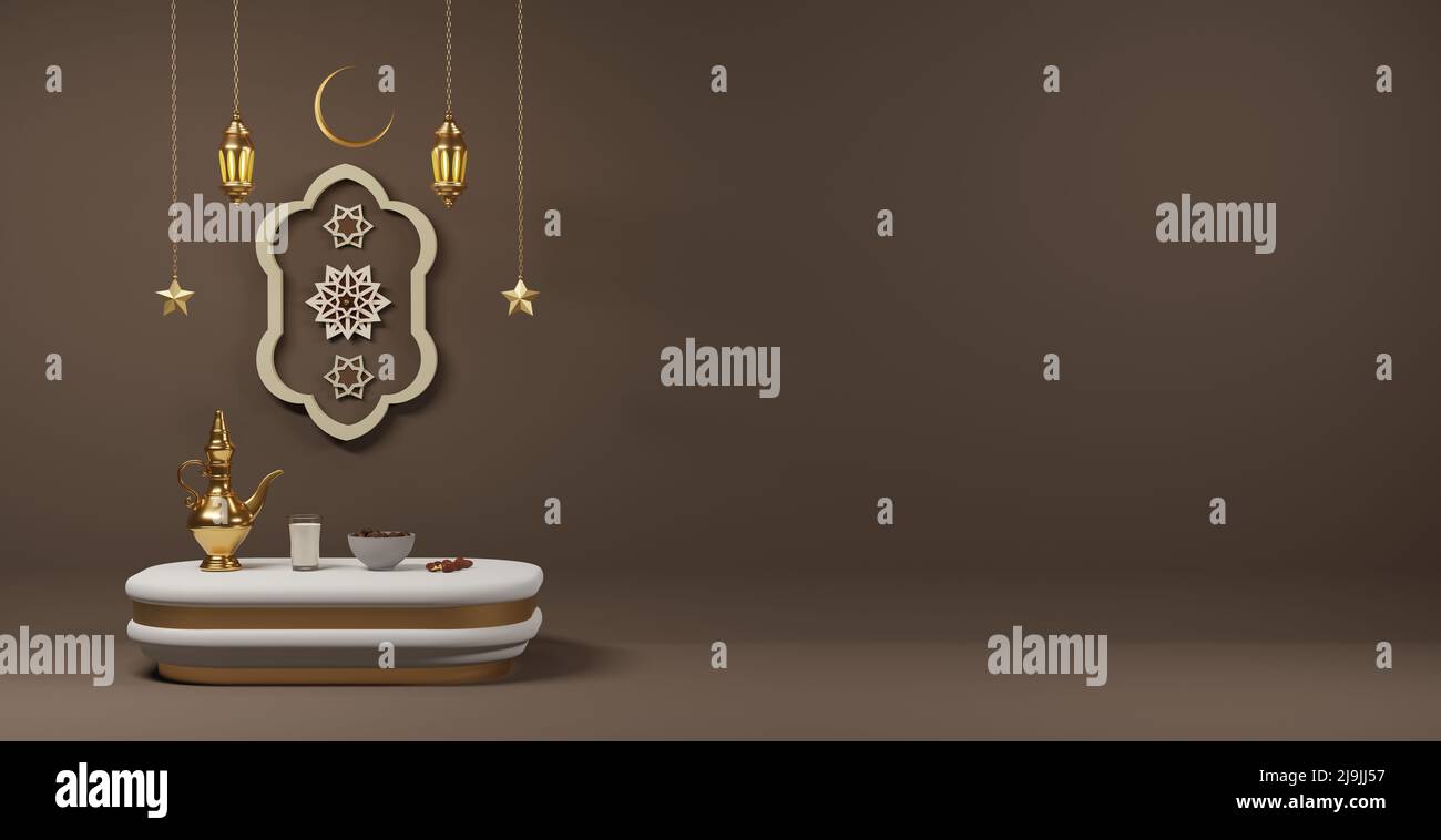 3D rendering Eid al adha o ramadan post con Iftar cibo sul podio display Foto Stock