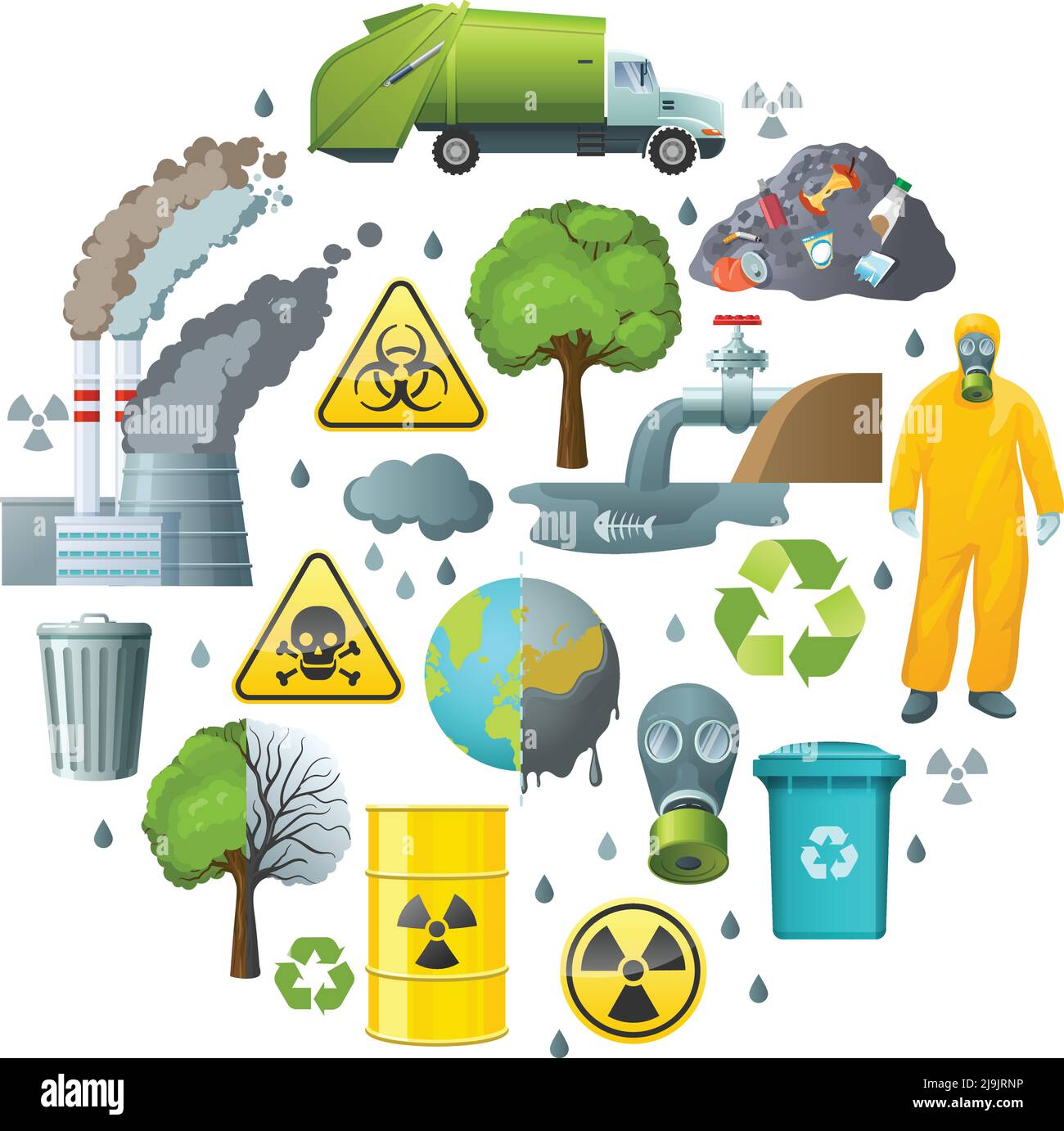 Composizione rotonda di elementi decorativi isolati con simboli di inquinamento ambientale segni di radiazione di infezione e illustrazione del vettore di tuta di rischio biologico Illustrazione Vettoriale
