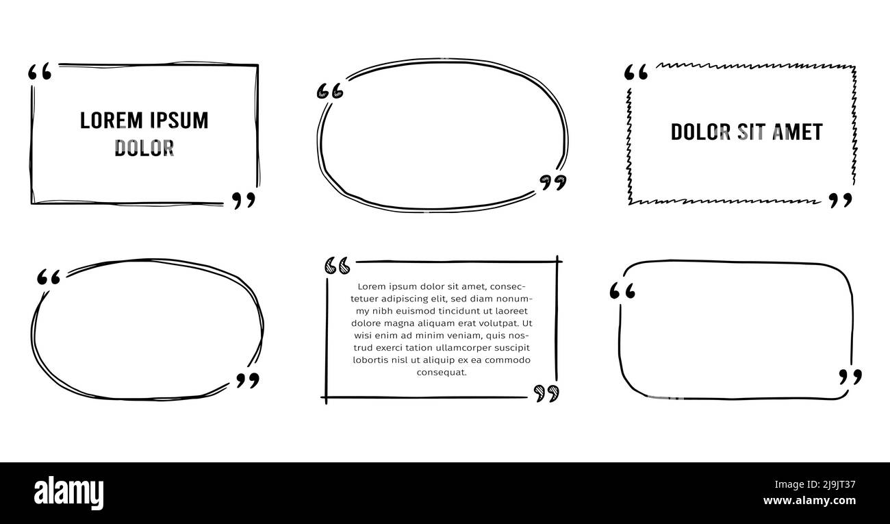 Schizzo della casella di virgoletta, cornice di testo impostata. Casella virgoletta disegnata a mano, bordo di testo con quadrato, bolla, forma rotonda. Illustrazione vettoriale. Illustrazione Vettoriale