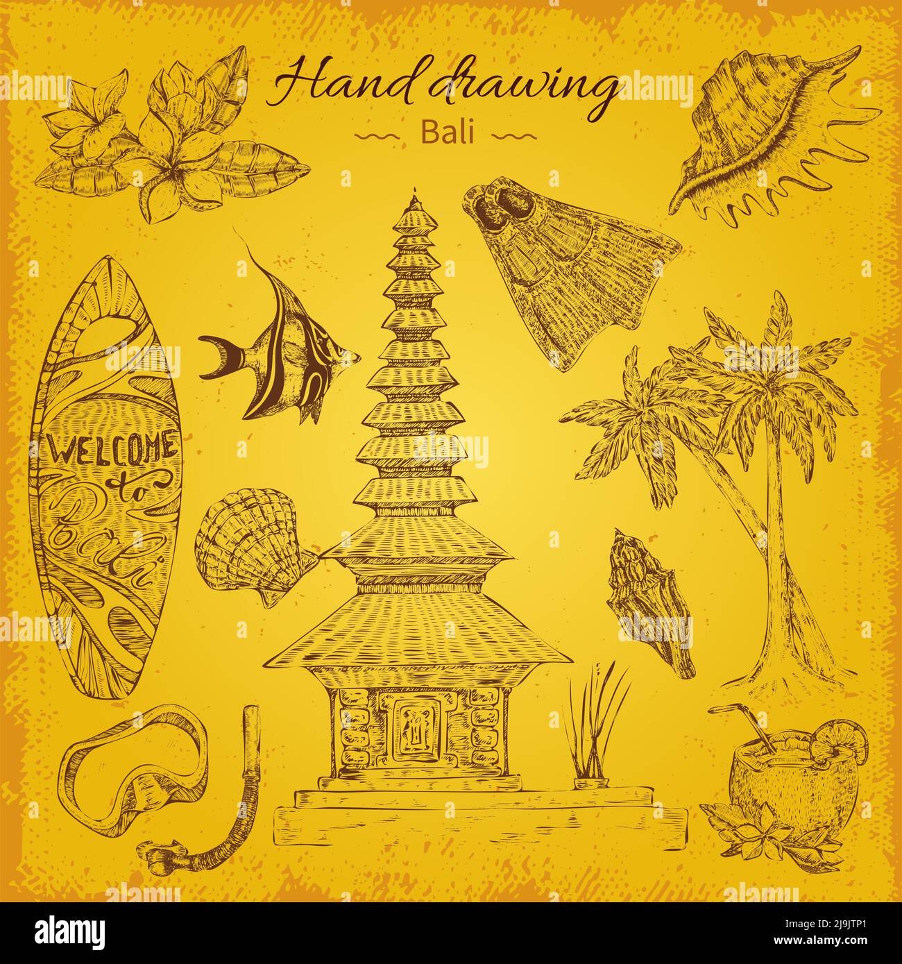 Icona bali disegnata a mano isolata su sfondo dorato con elementi della natura balinese e illustrazione vettoriale architetturale Illustrazione Vettoriale