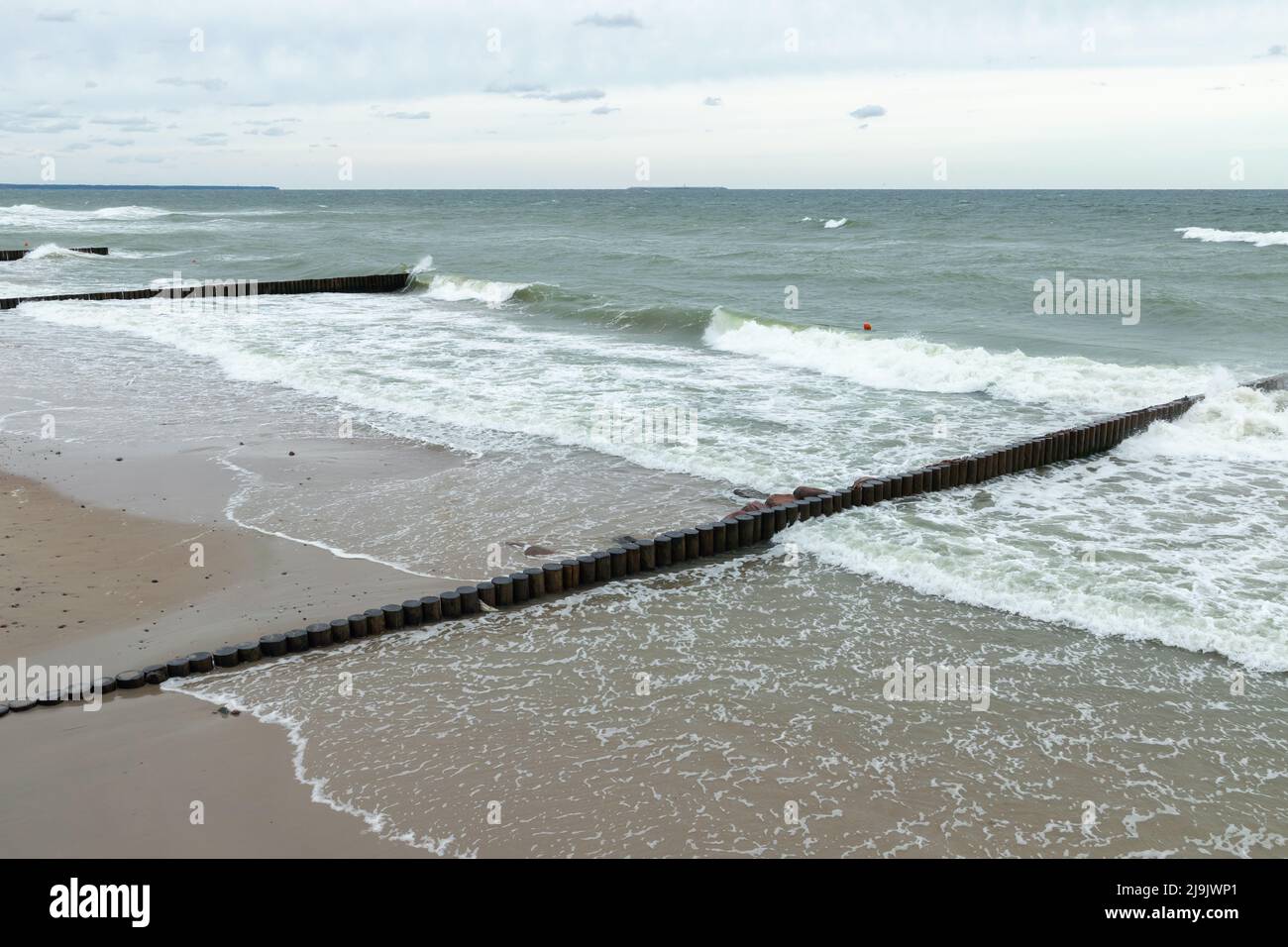 Vista sulla spiaggia con acqua di riva e strutture in legno frangiflutti, paesaggio della costa del Mar Baltico foto. Zelenogradsk, Kaliningrad Oblast, Russia Foto Stock