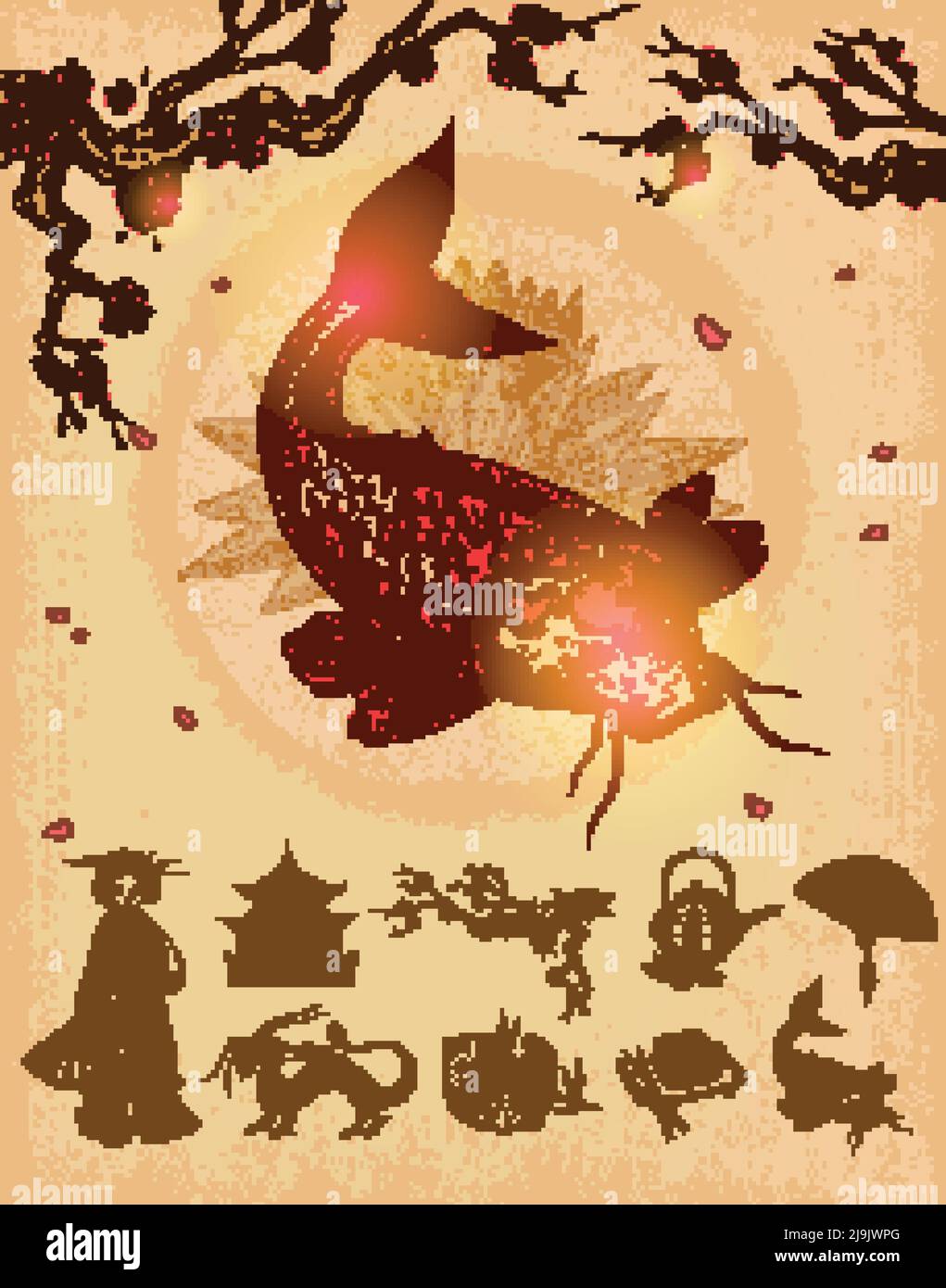 Concetto di cultura asiatica con pesce rosso e composizione sakura e. serie di icone monocromatiche illustrazione vettoriale isolata Illustrazione Vettoriale