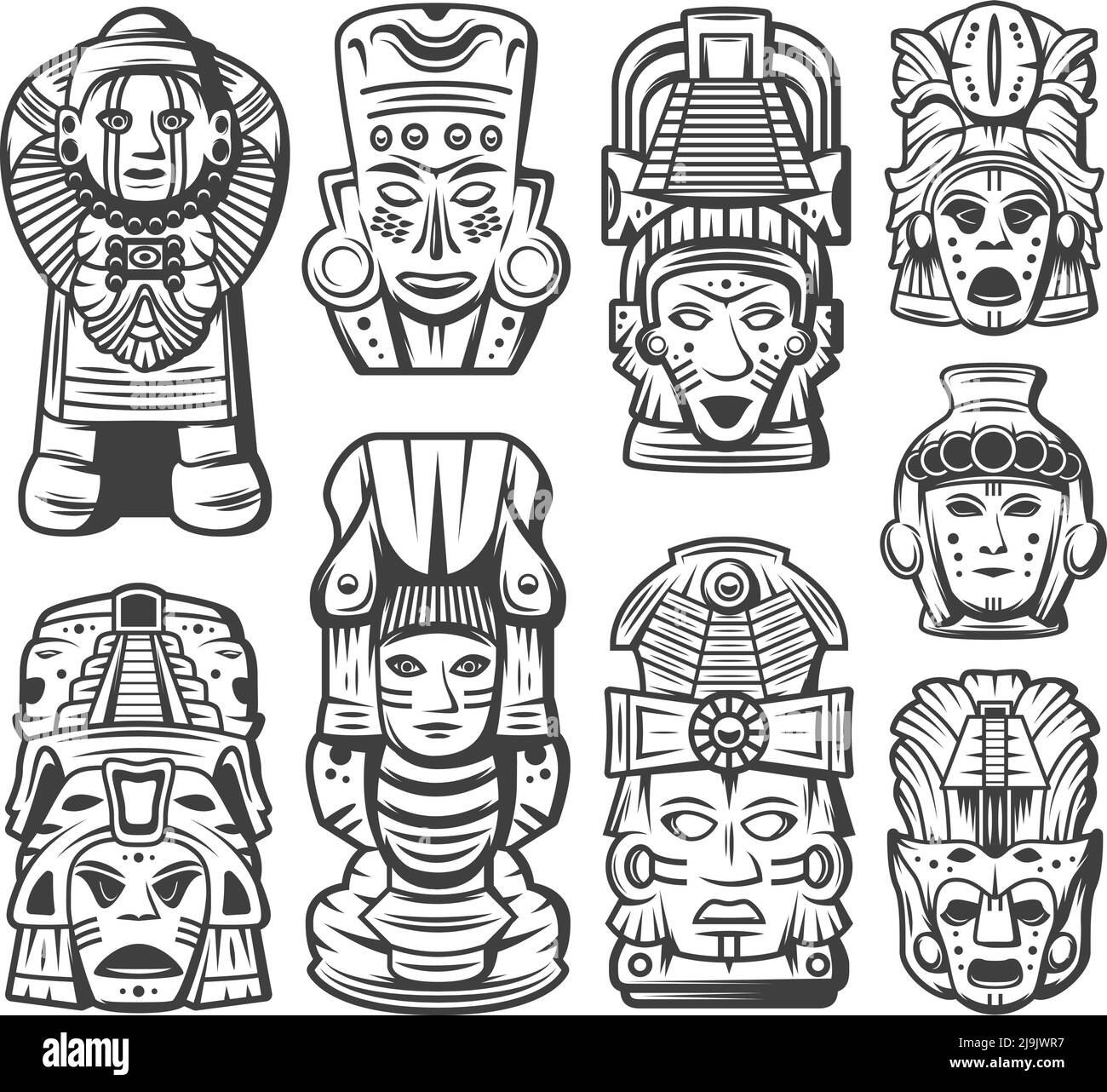 Collezione d'oggetti vintage monocromo della civiltà maya con maschere tribali cerimoniali e totem aztec illustrazione vettoriale isolata Illustrazione Vettoriale