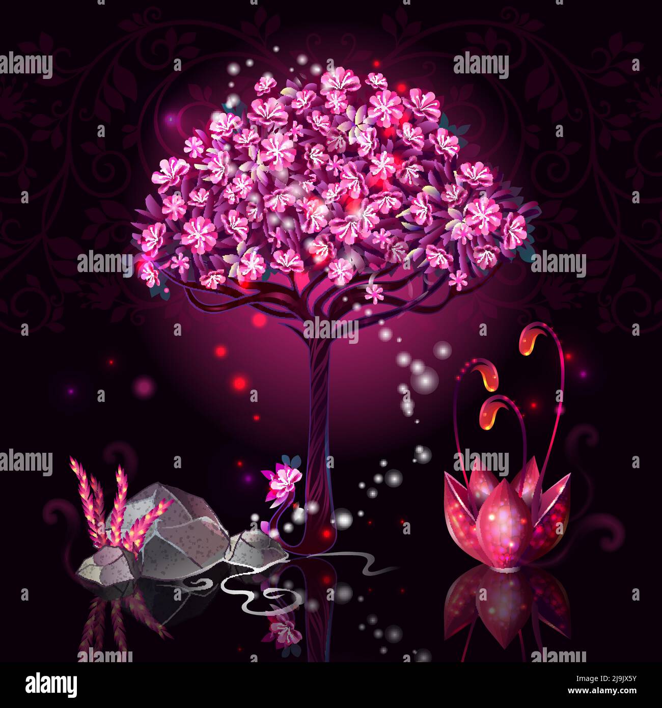 Composizione di cartoni animati con tre astratti rosa con bellissimi fiori e pietre sul pavimento illustrazione vettoriale Illustrazione Vettoriale