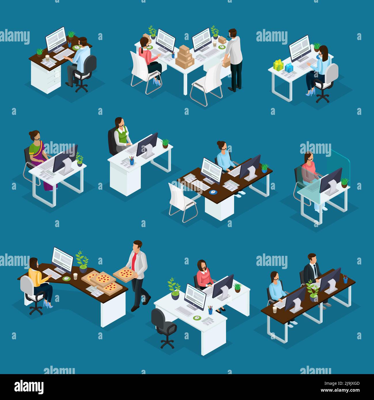 Personale di supporto professionale isometrico insieme di servizi diversi con gli operatori seduto al tavolo nell'illustrazione vettoriale isolata del call center Illustrazione Vettoriale