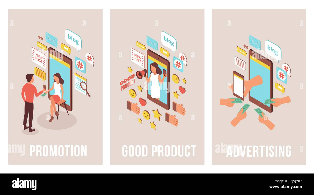 Blogger pubblicità isometrica insieme di tre banner verticali con immagini di persone smartphone e pittogrammi di testo illustrazione vettoriale Illustrazione Vettoriale