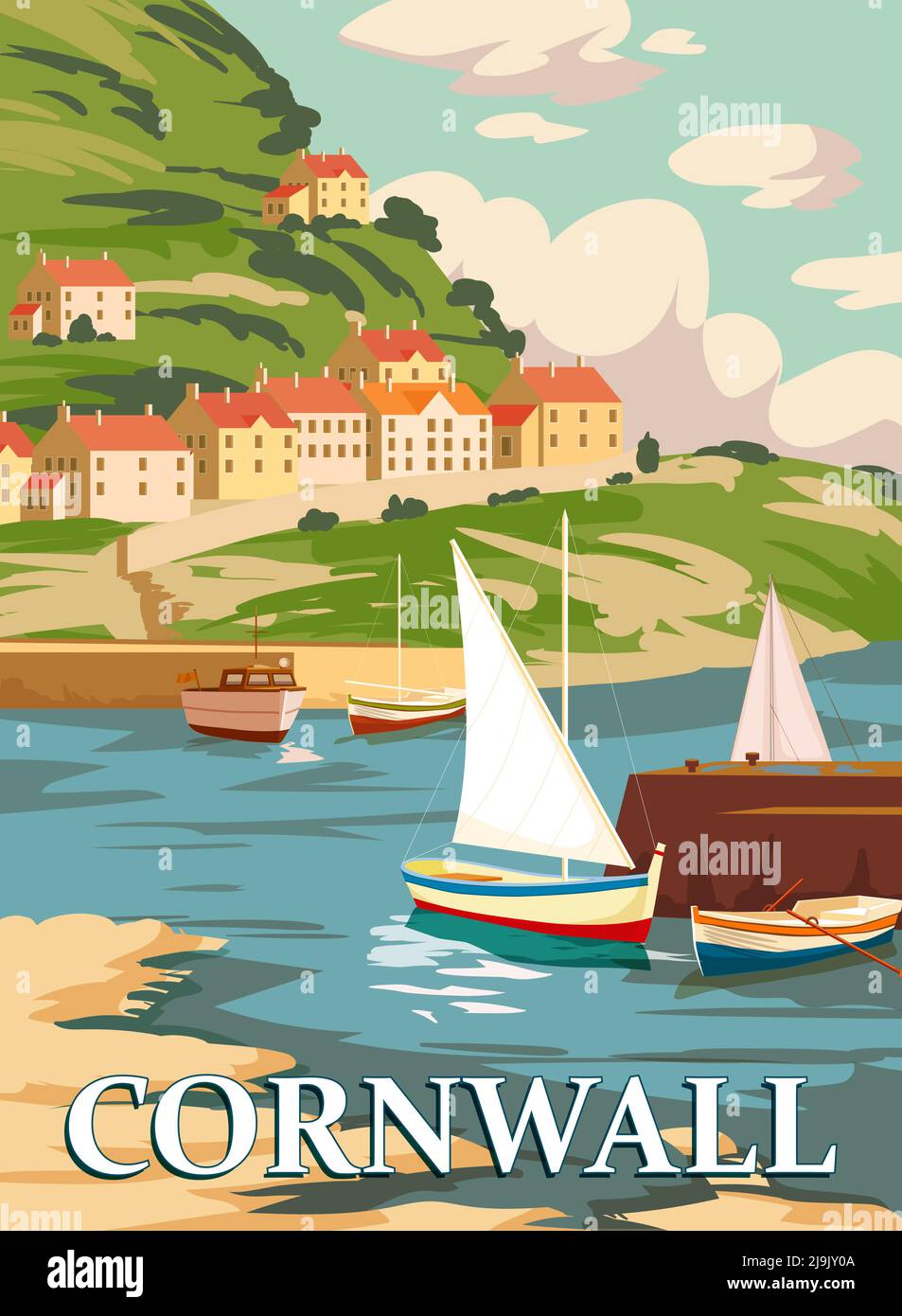 Cornwall Vintage Poster, South West England, Regno Unito. Viaggi poster costa, buikdings, barche a vela. Illustrazione vettoriale stile retrò, isolato Illustrazione Vettoriale