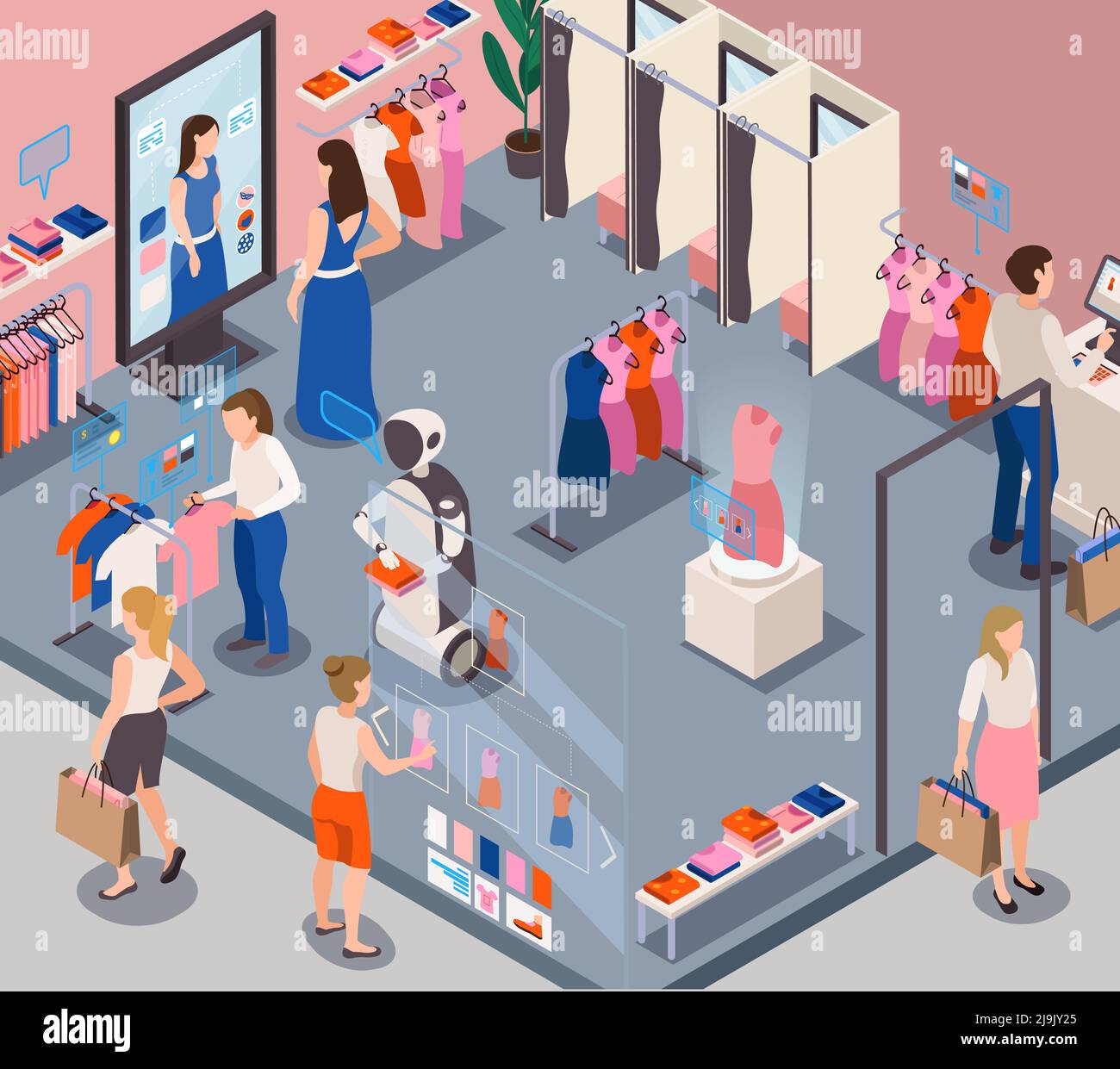 Moderni robot di servizio al dettaglio per negozi di moda che forniscono assistenza clienti personale suggerendo scelte di abbigliamento vettore di composizione isometrica illustrat Illustrazione Vettoriale