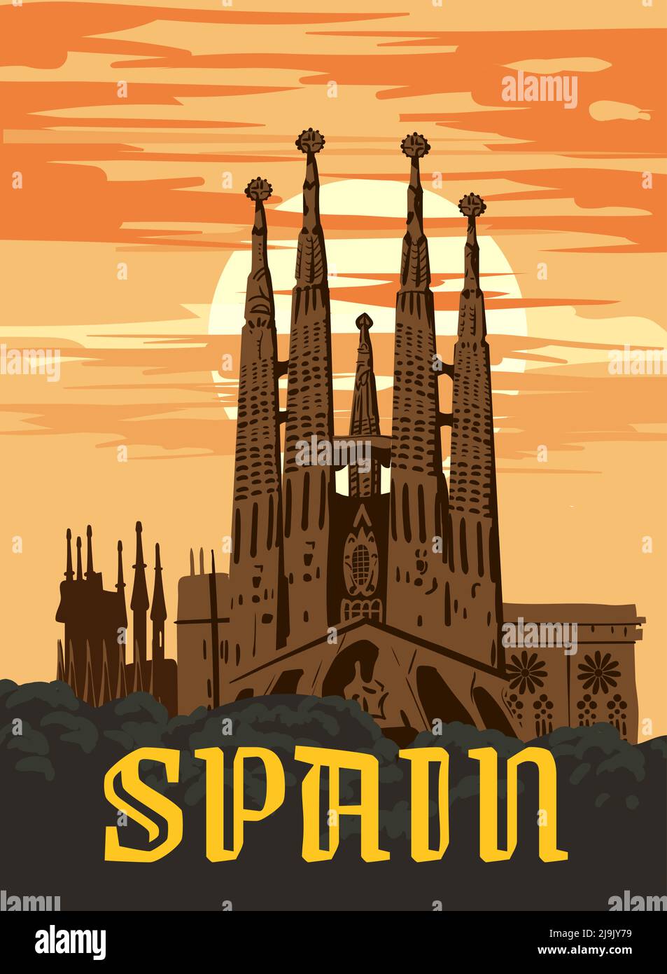 Poster di viaggio Spagna, Barcellona Vintage. Sagrada Familia Gaudi  Basilica di Spagna, cielo al tramonto. Illustrazione vettoriale stile  retrò, isolato Immagine e Vettoriale - Alamy