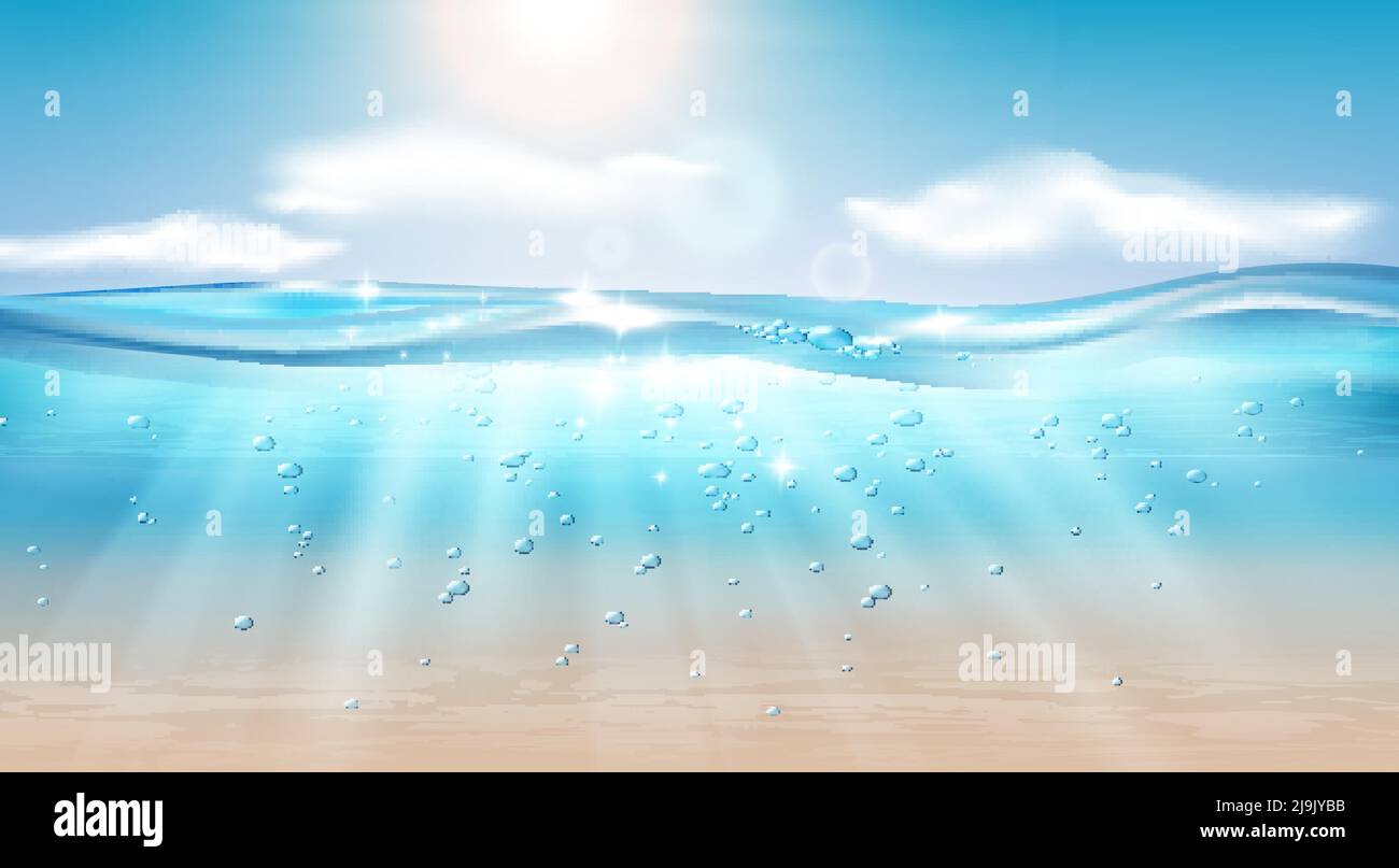 Paesaggio sottomarino delle onde oceaniche composizione realistica con cielo e brillare sole con bolle d'acqua e illustrazione vettoriale Illustrazione Vettoriale