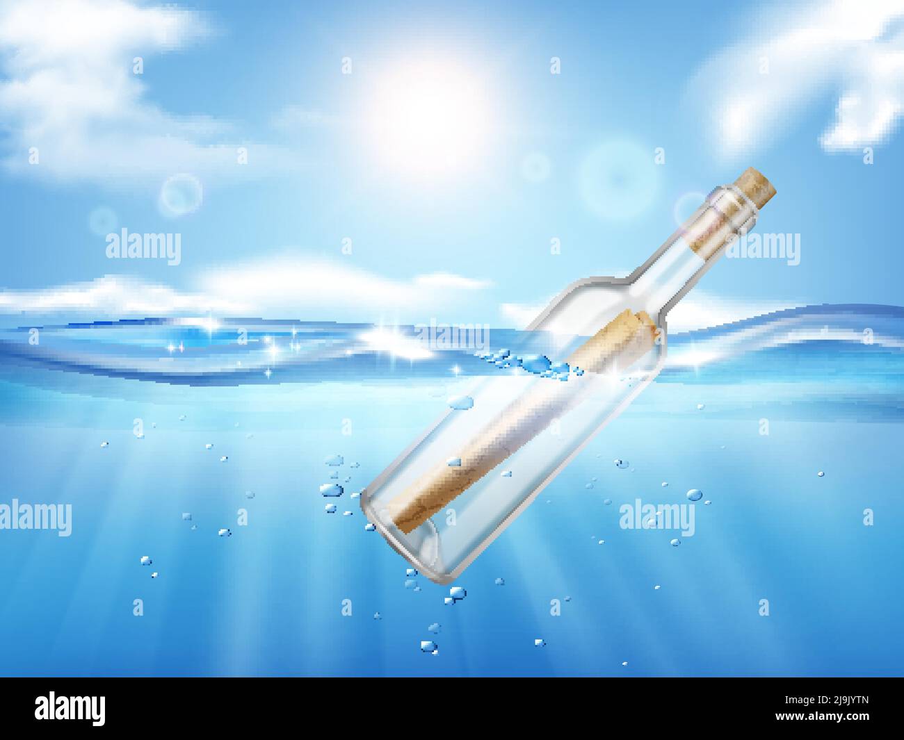 Bottiglia in una composizione realistica con il sole splendente sul cielo e mare con bottiglia di vetro scorrevole illustrazione vettoriale Illustrazione Vettoriale