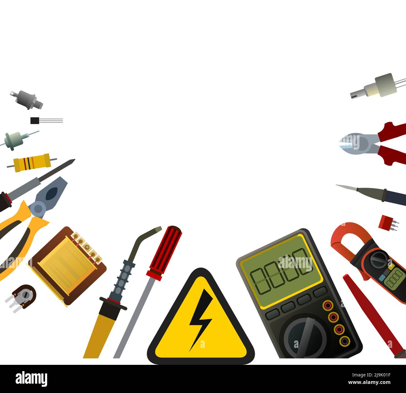 Attrezzi per elettricista. Immagine della cornice. Riparazione di apparecchiature radio elettroniche e a microprocessore. Componenti di ricambio e assistenza. Isolato su bianco b Illustrazione Vettoriale